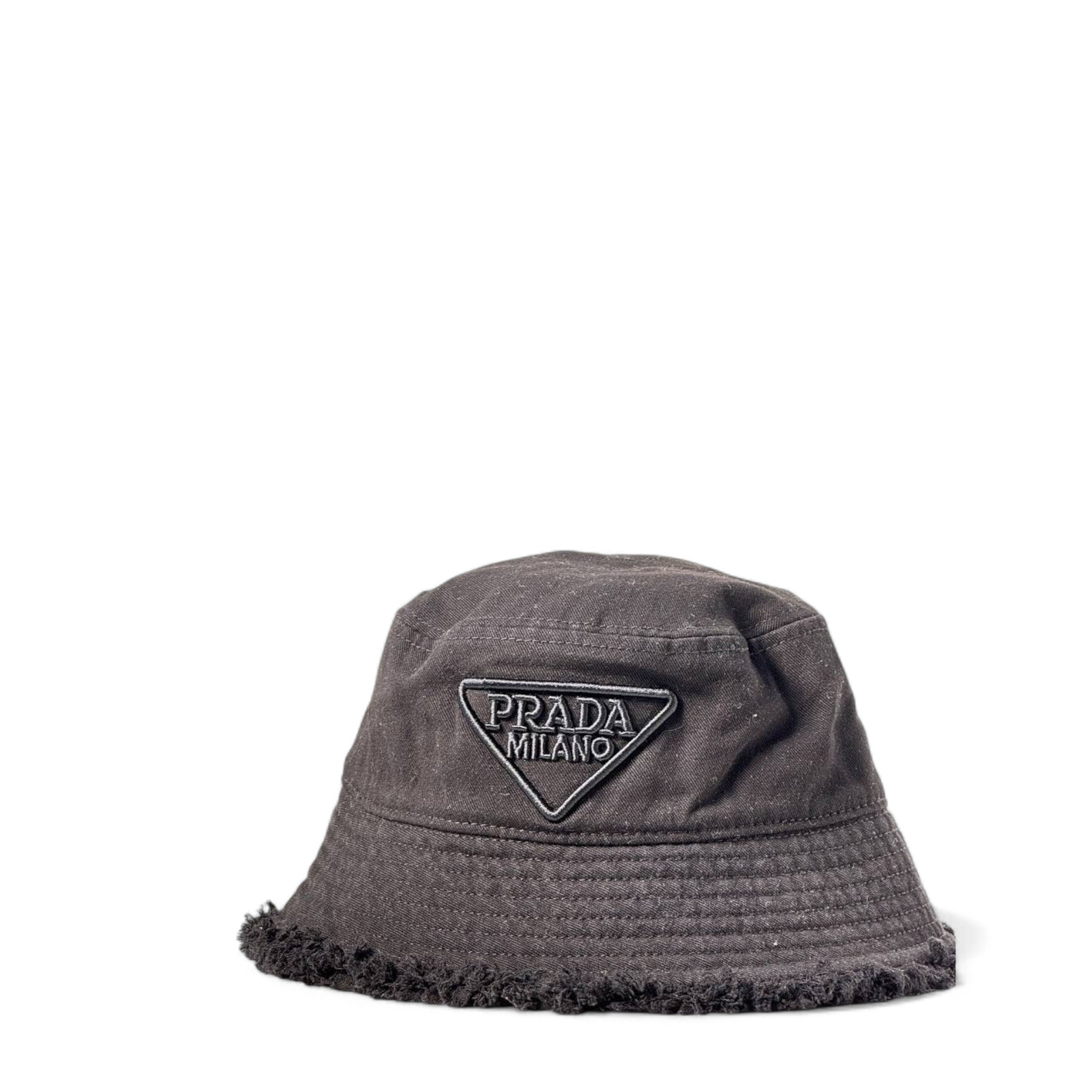 Prada Black Distressed Bucket Hat 🖤 | Washed Cotton Hat with Tonal Triangle Patch
