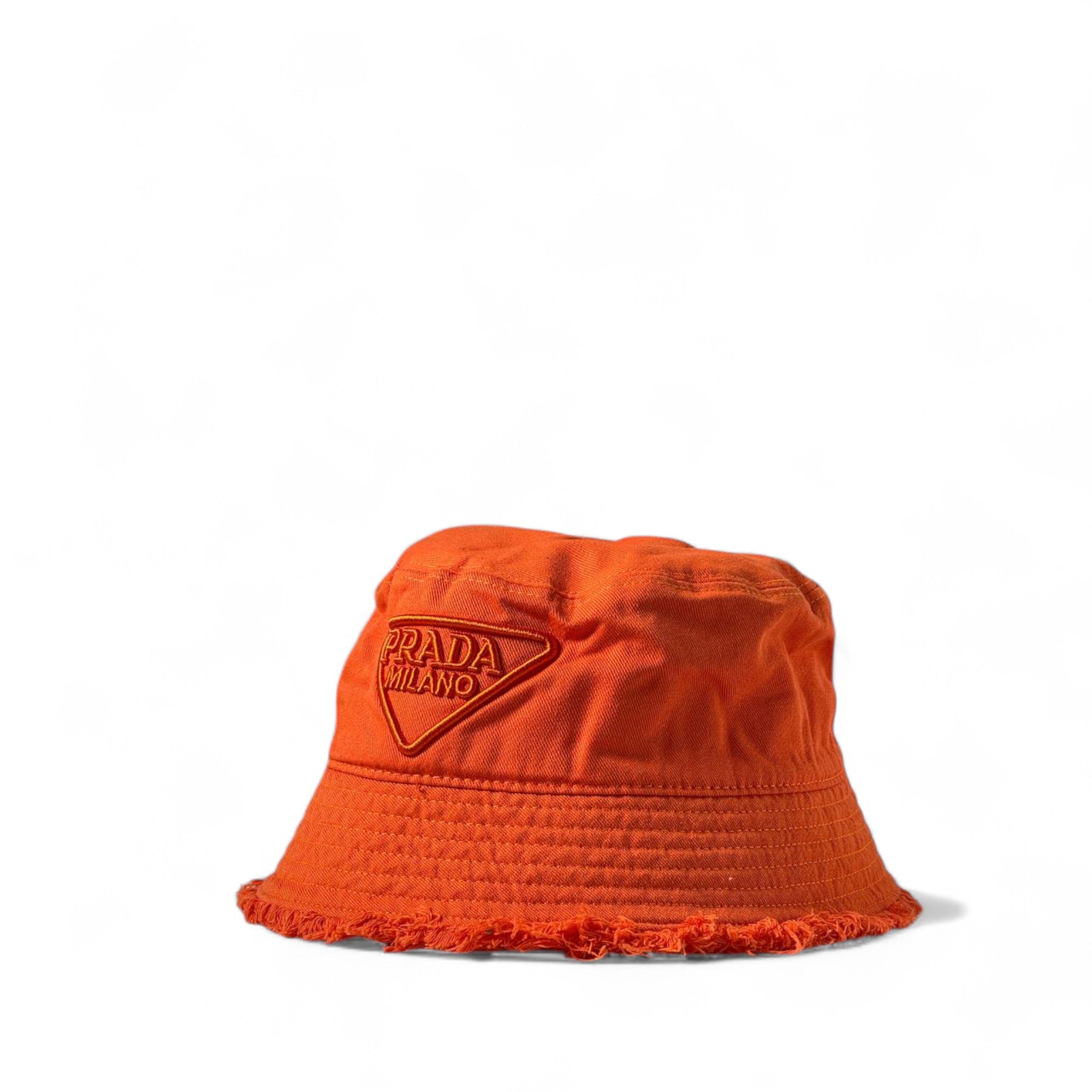 Prada Orange Distressed Bucket Hat 🍊 | Washed Cotton Streetwear with Tonal Triangle Logo