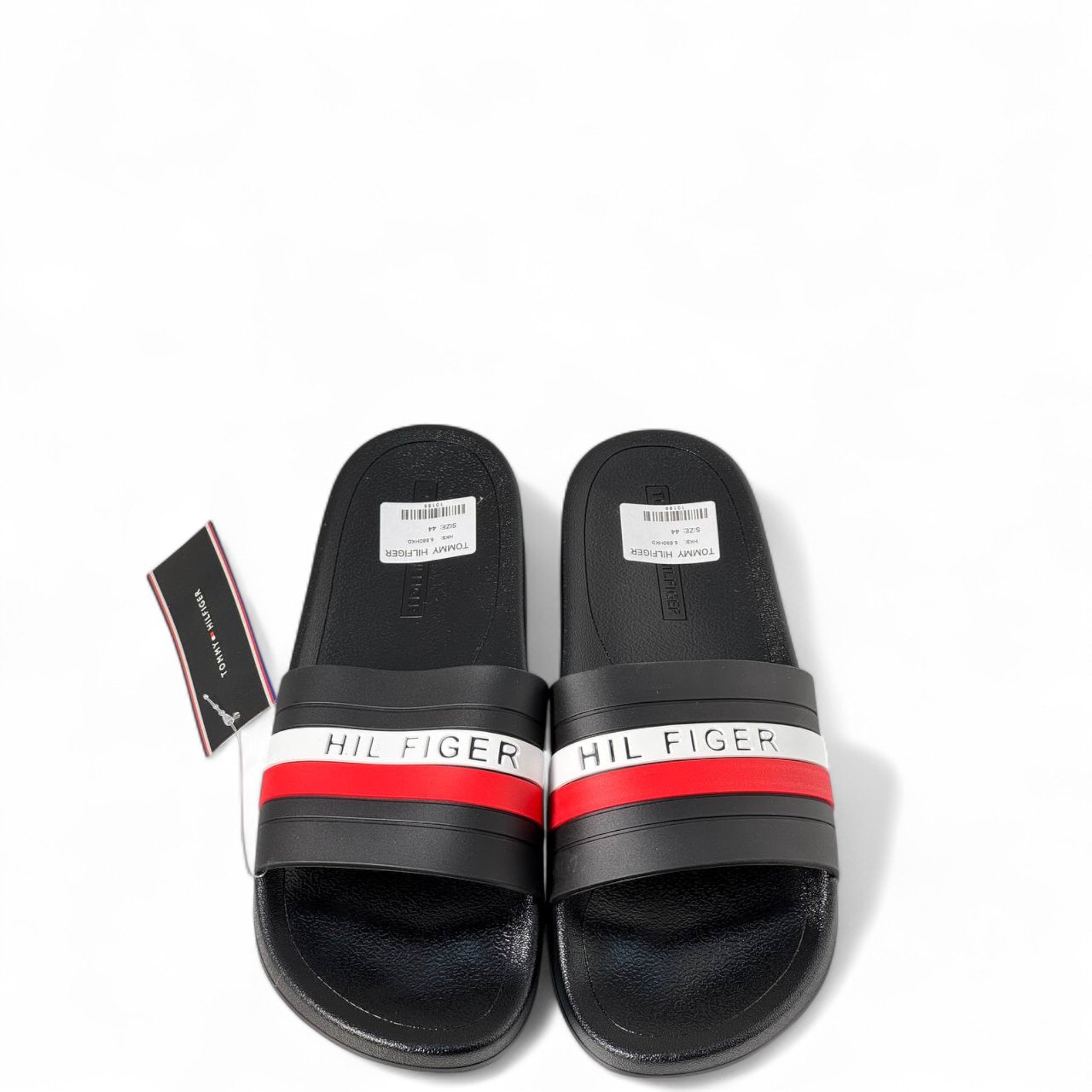 Tommy Hilfiger Signature Slides – Black | Red & White Stripe 🖤❤️🤍