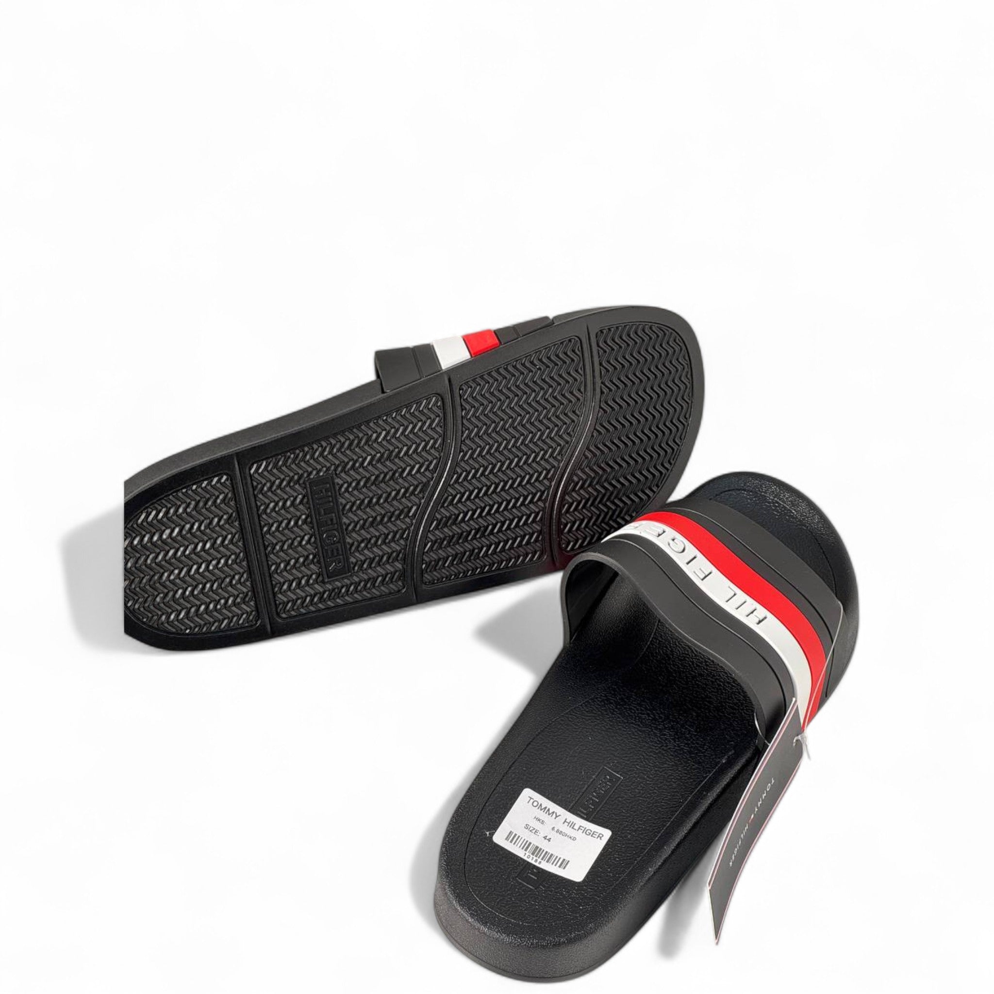 Tommy Hilfiger Signature Slides – Black | Red & White Stripe 🖤❤️🤍