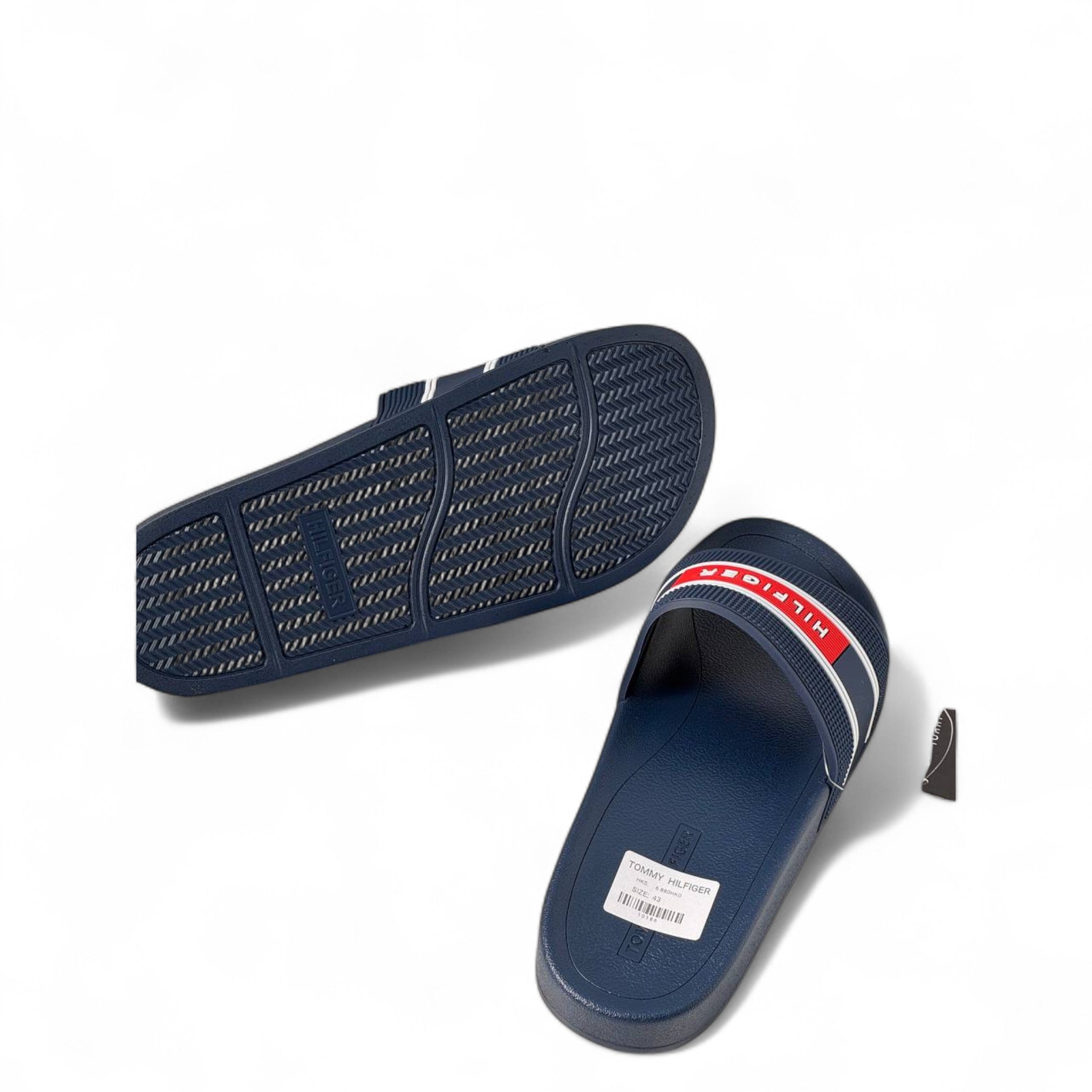 Tommy Hilfiger Navy Slides – Red Logo Strap | Classic Comfort 🇺🇸💙🔥
