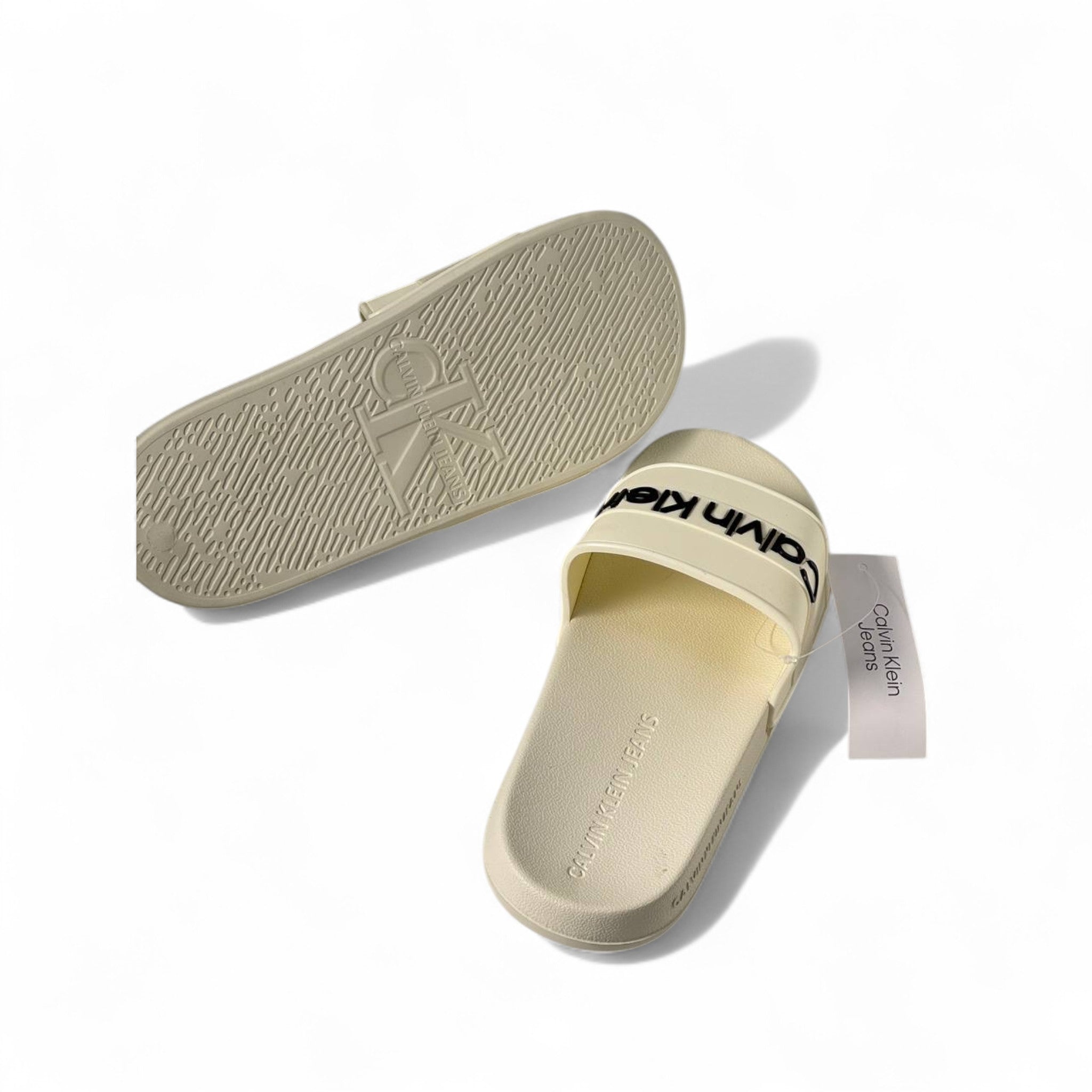 Calvin Klein Slides – Cream Beige with Black Logo | Minimal Luxe Vibes 🤍🖤✨