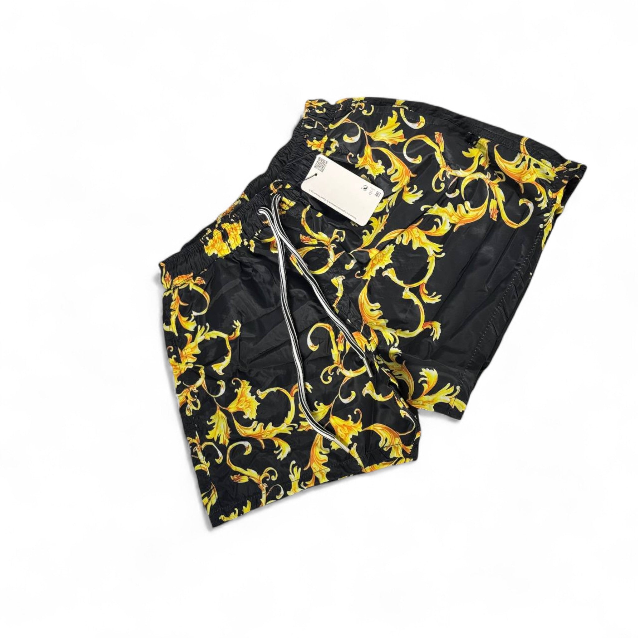 Versace-Inspired Baroque Swim Shorts โ Black & Gold Royal Print ๐๐ค๐