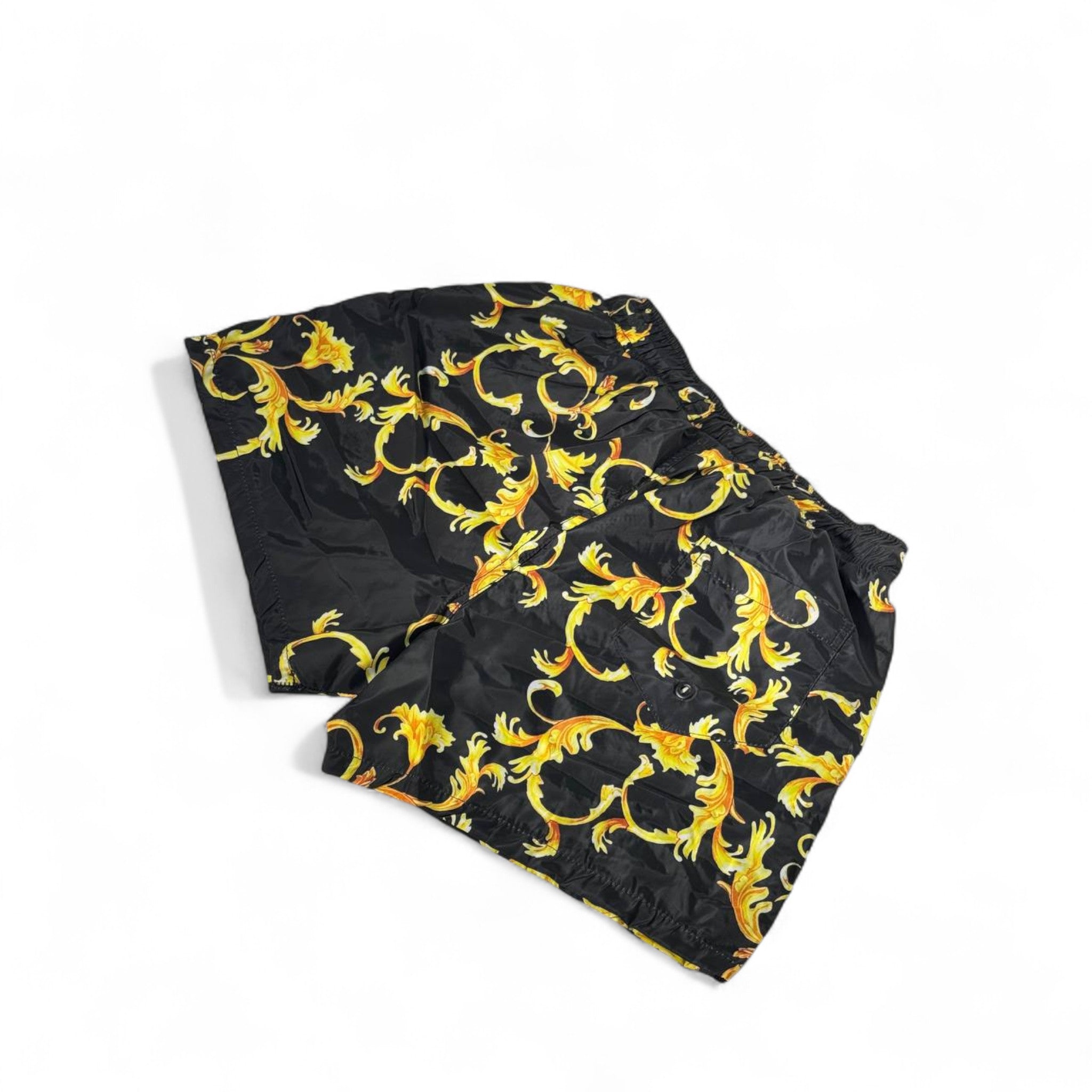 Versace-Inspired Baroque Swim Shorts โ Black & Gold Royal Print ๐๐ค๐
