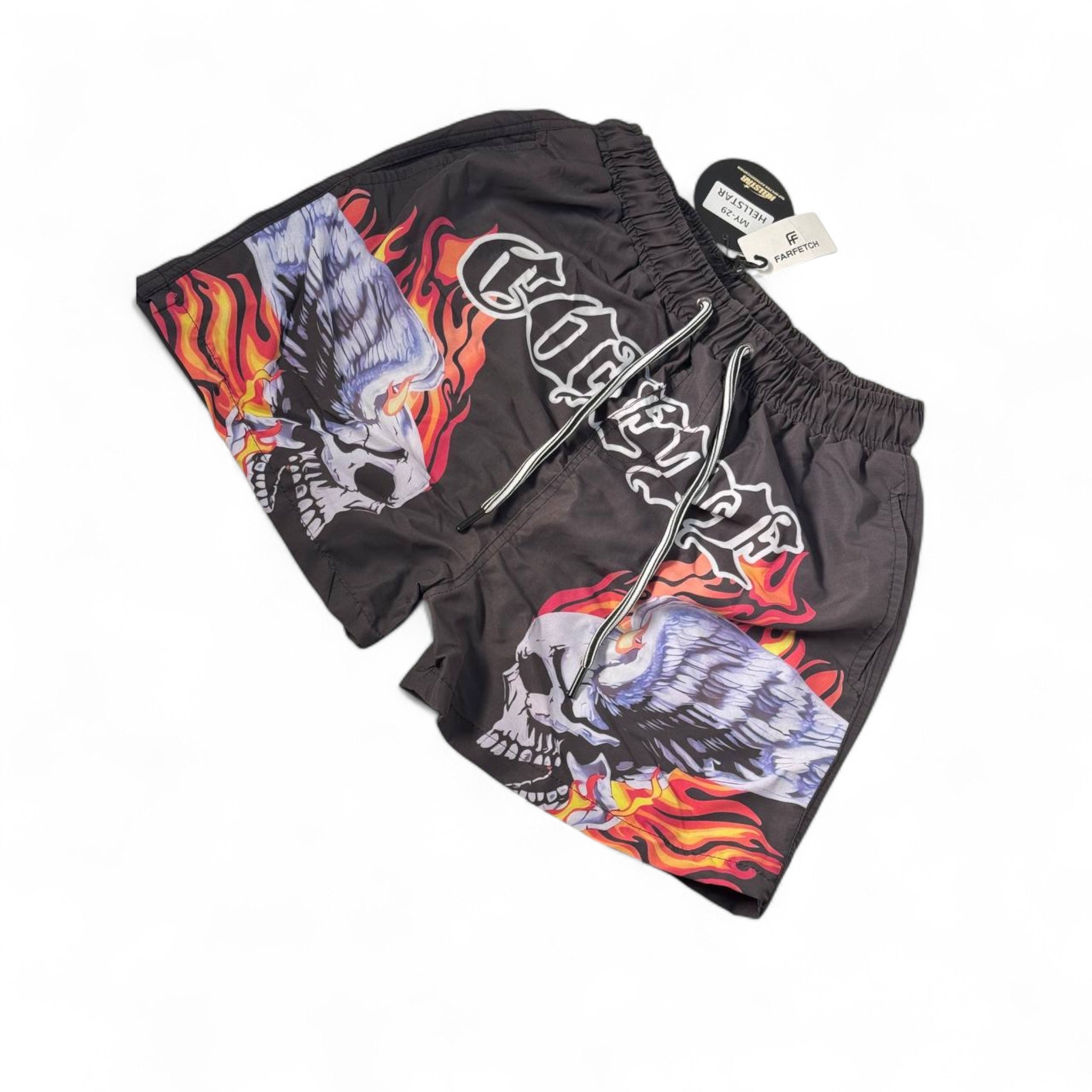 HELLSTAR Flame Skull Swim Shorts โ Black | Wings & Fire Graphic ๐ฅ๐๐ค