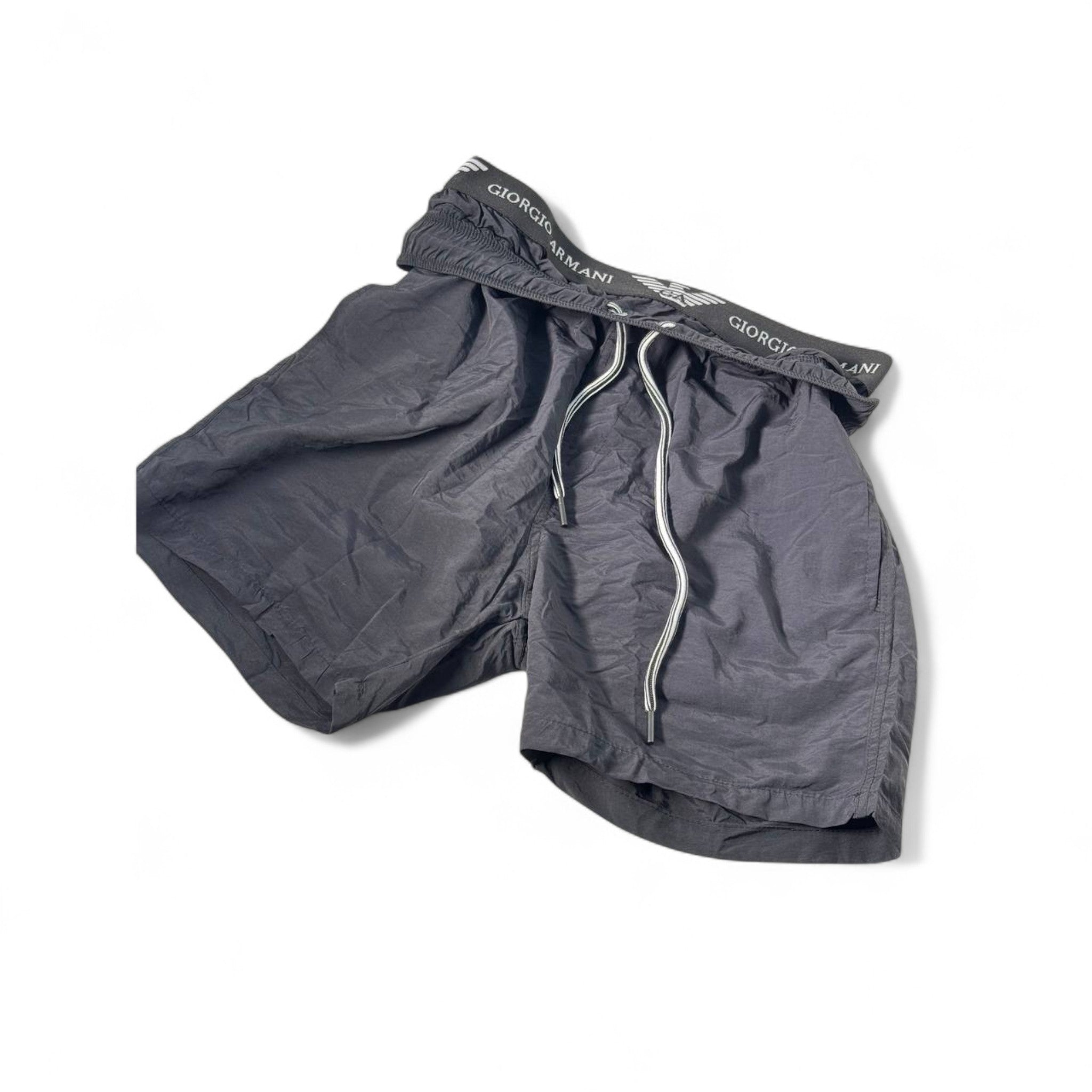 Giorgio Armani-Inspired Swim Shorts – Matte Black with Logo Waistband 🖤🕶️
