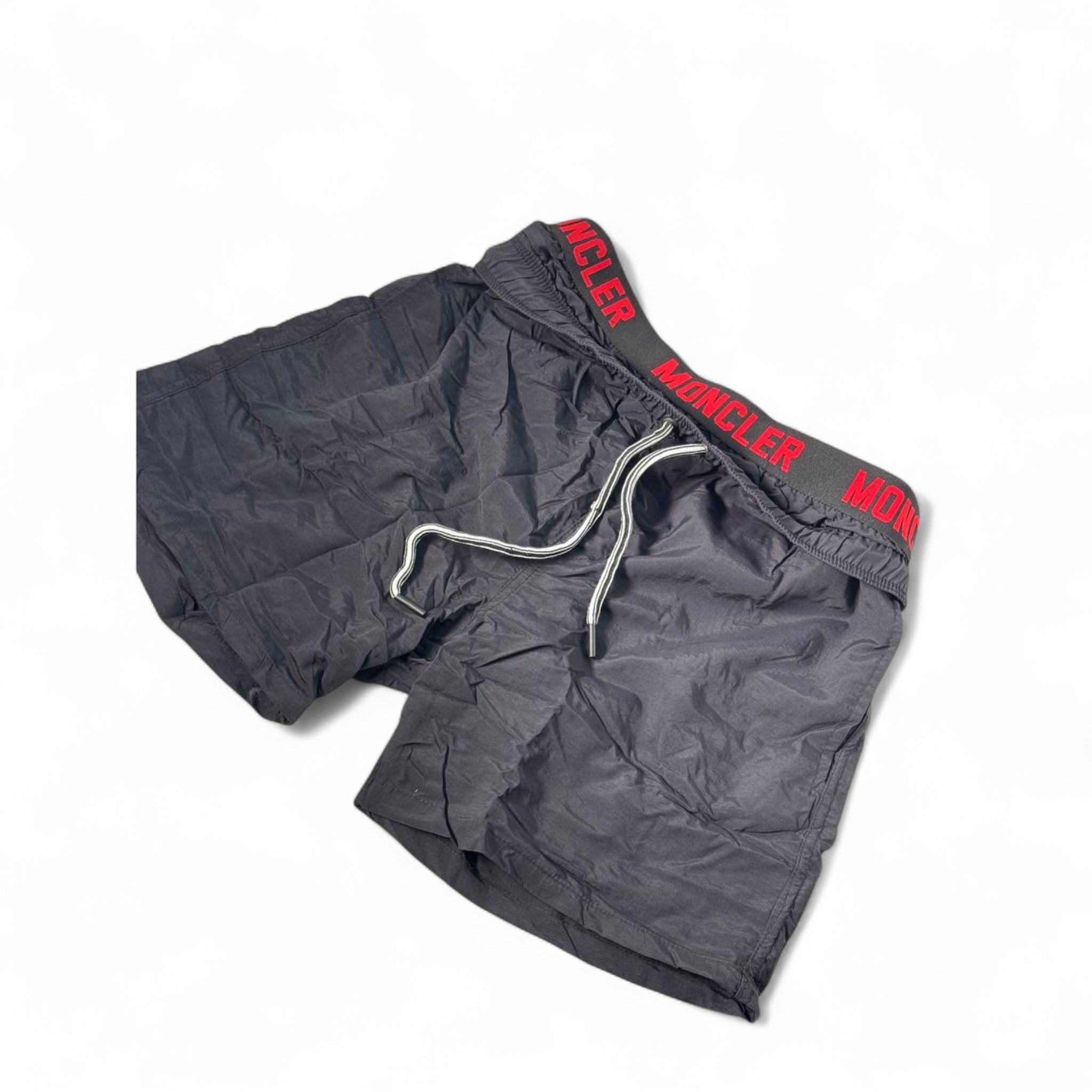 Moncler-Inspired Swim Shorts – Matte Black with Red Logo Waistband 🔴🖤🔥