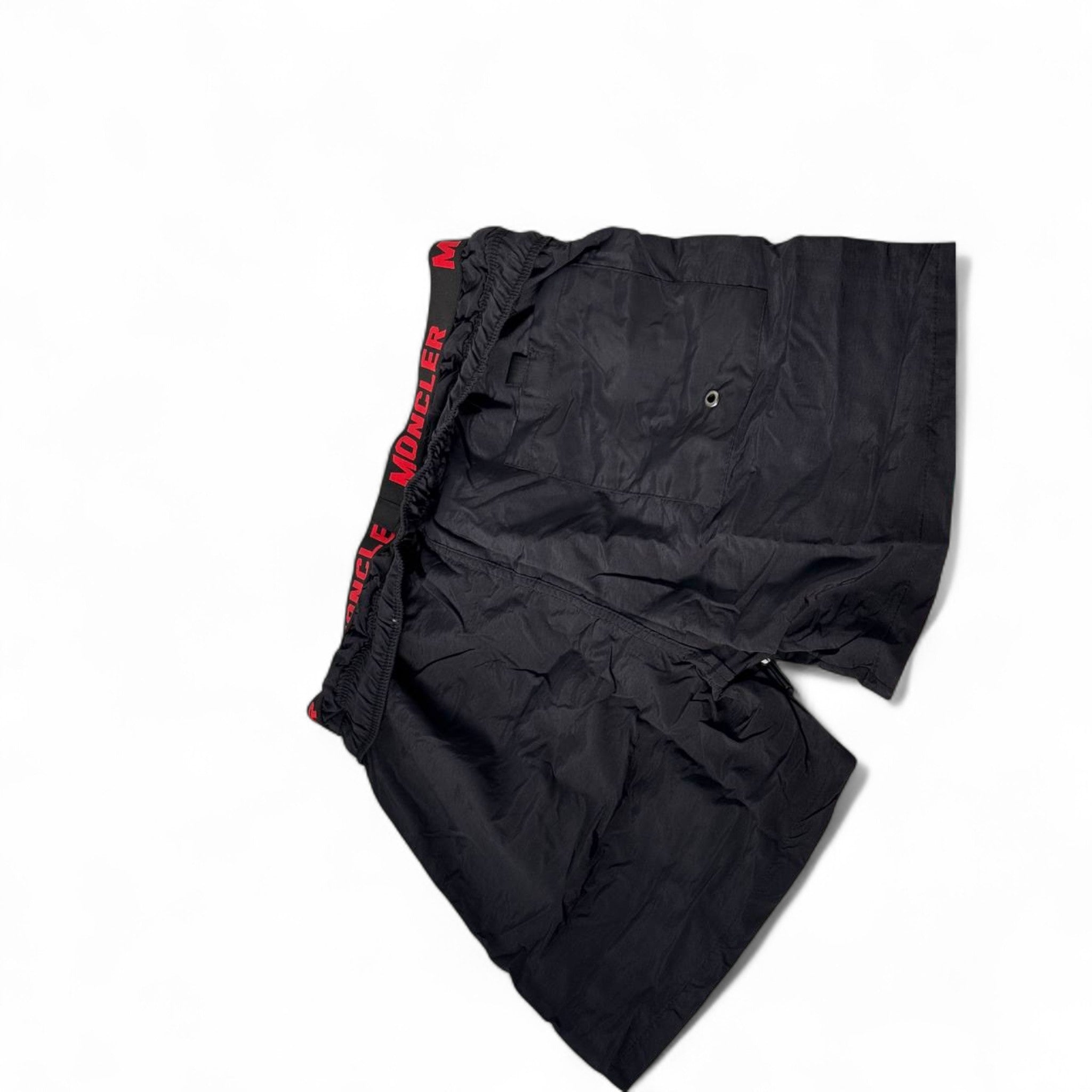 Moncler-Inspired Swim Shorts – Matte Black with Red Logo Waistband 🔴🖤🔥