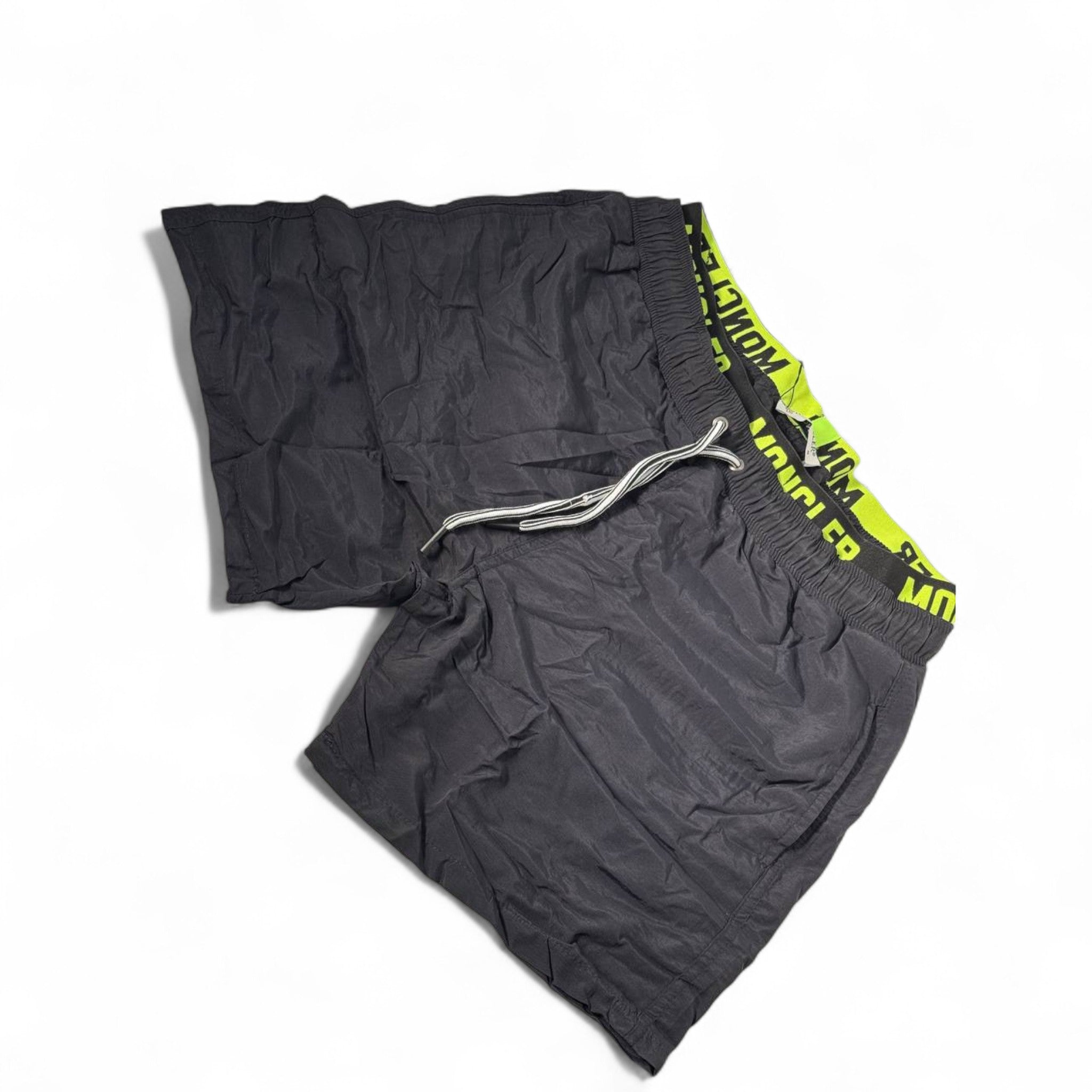 Moncler-Inspired Swim Shorts – Black with Neon Green Logo Waistband 💚🖤⚡