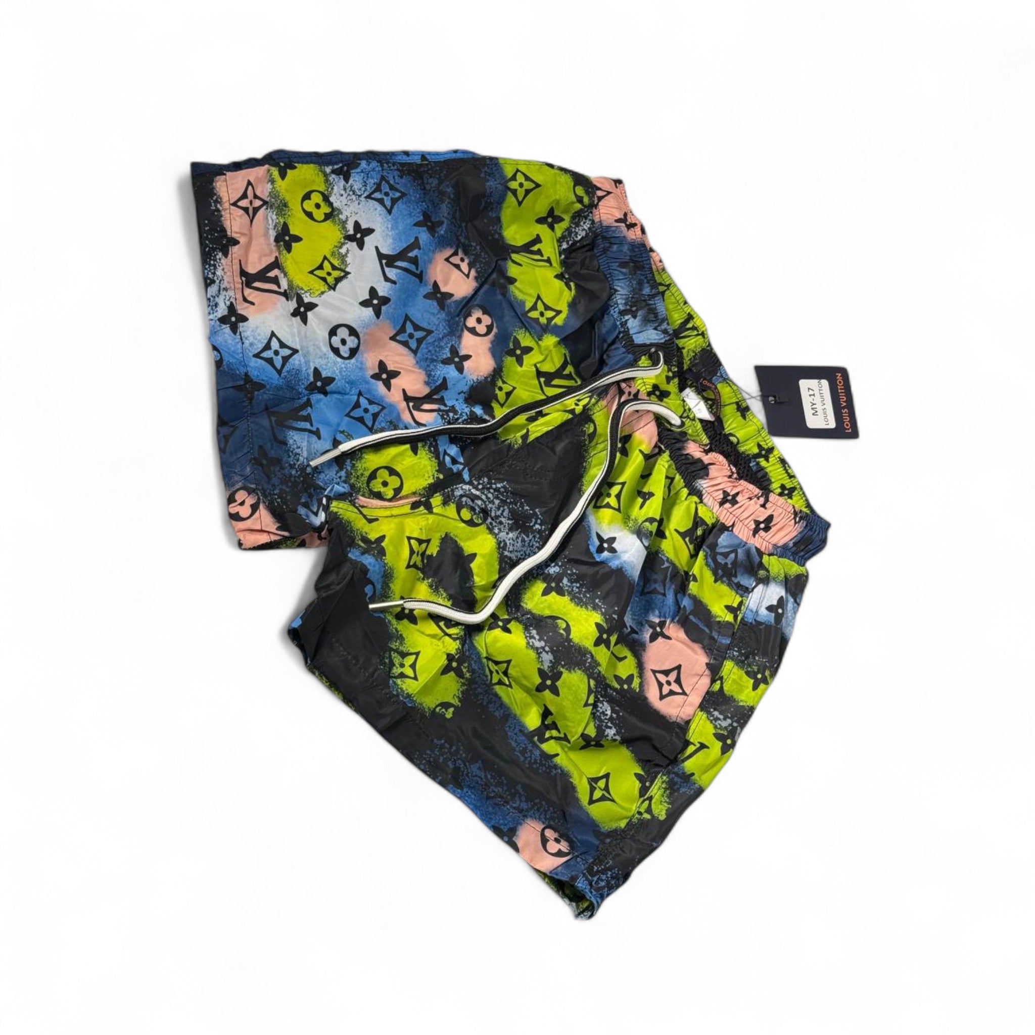 Louis Vuitton-Inspired Graffiti Swim Shorts – Neon Splash Monogram 💚💙🖤
