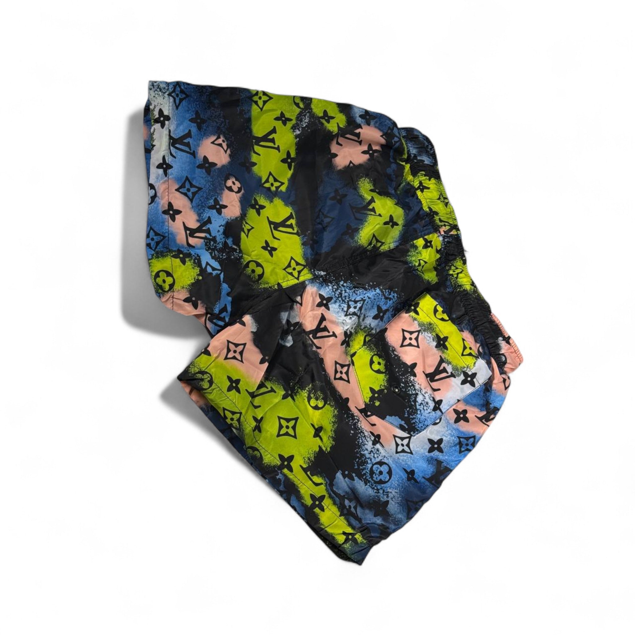 Louis Vuitton-Inspired Graffiti Swim Shorts – Neon Splash Monogram 💚💙🖤