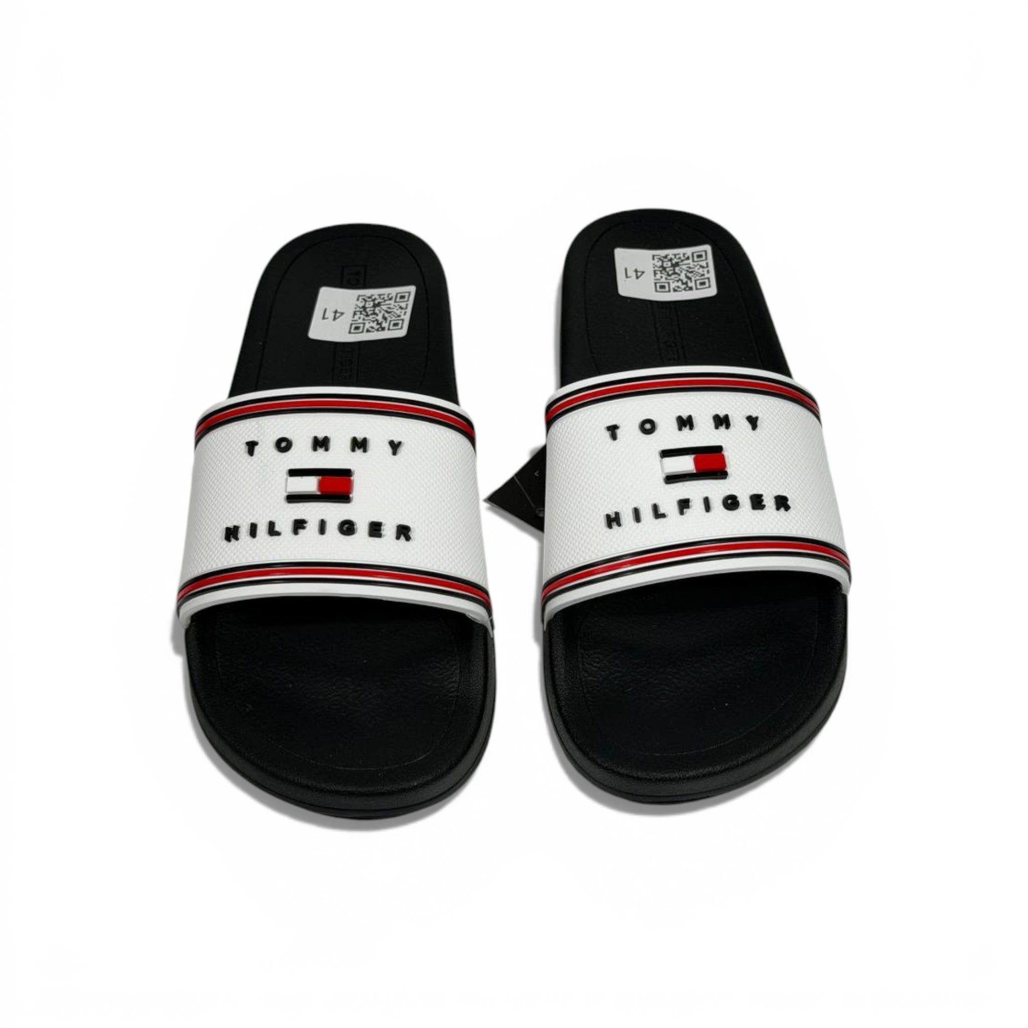 🤍🖤 Tommy Hilfiger White Logo Slide Slippers – Classic Sporty Style 🖤🤍