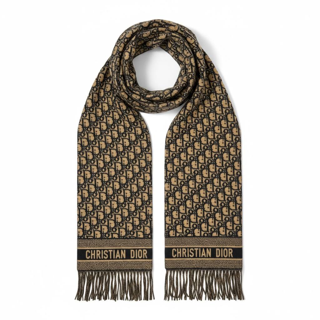 Christian Dior Oblique Scarf – Camel & Black Timeless Luxury🤎