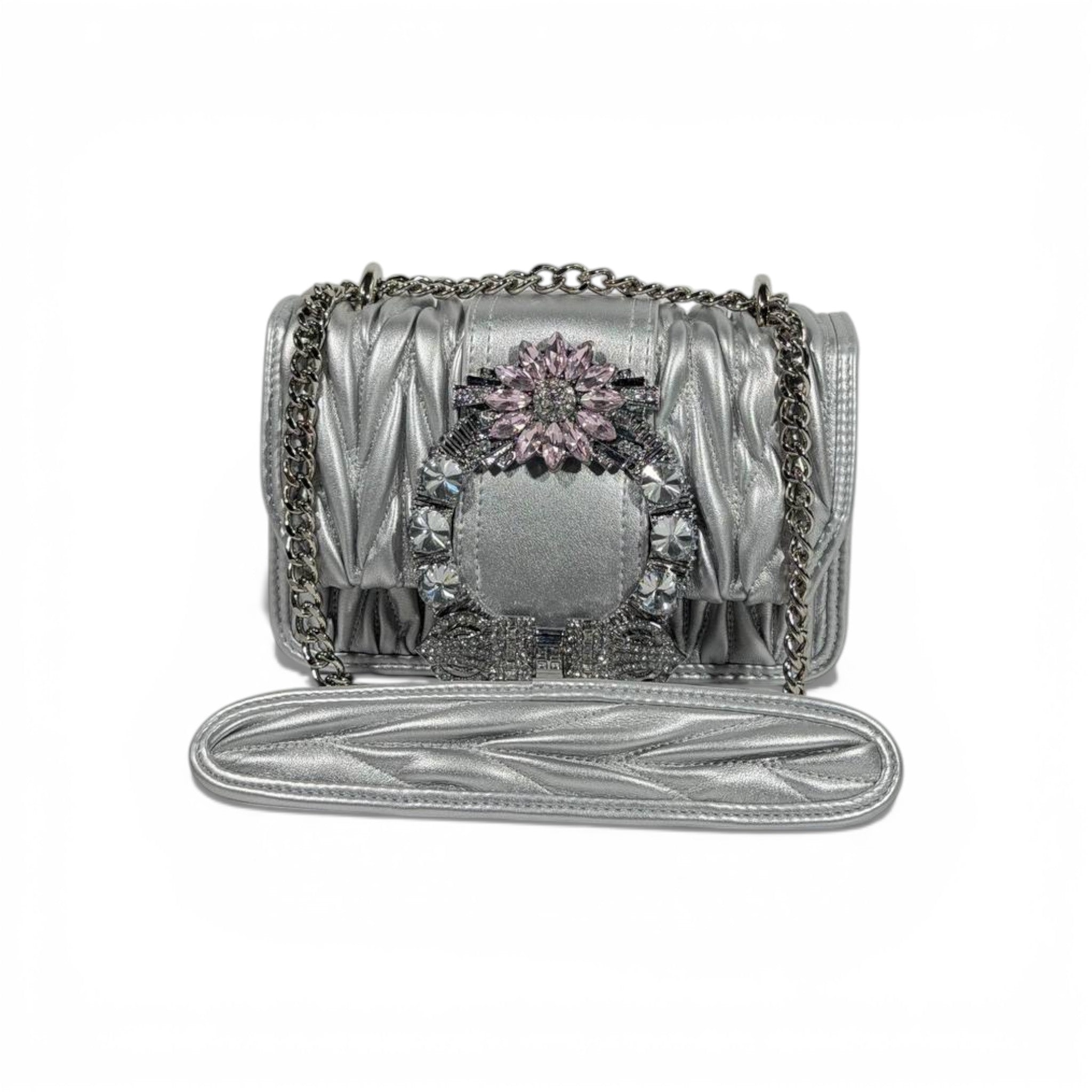 🤍✨ Miu Miu Silver Matelassé Crystal Buckle Shoulder Bag