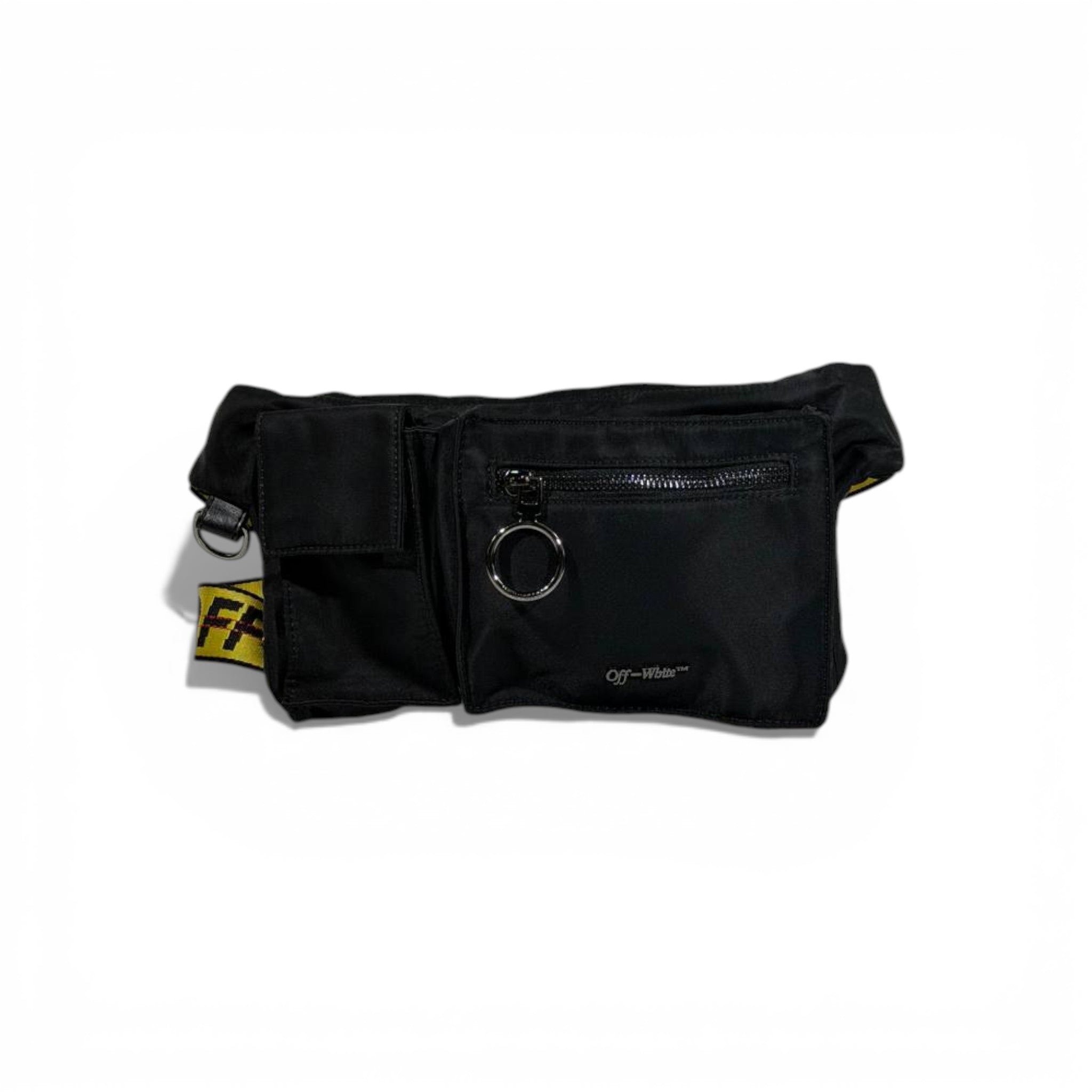 🖤🔥 Off-White Utility Waist Bag – Black with Iconic Yellow Strap 🔥🖤