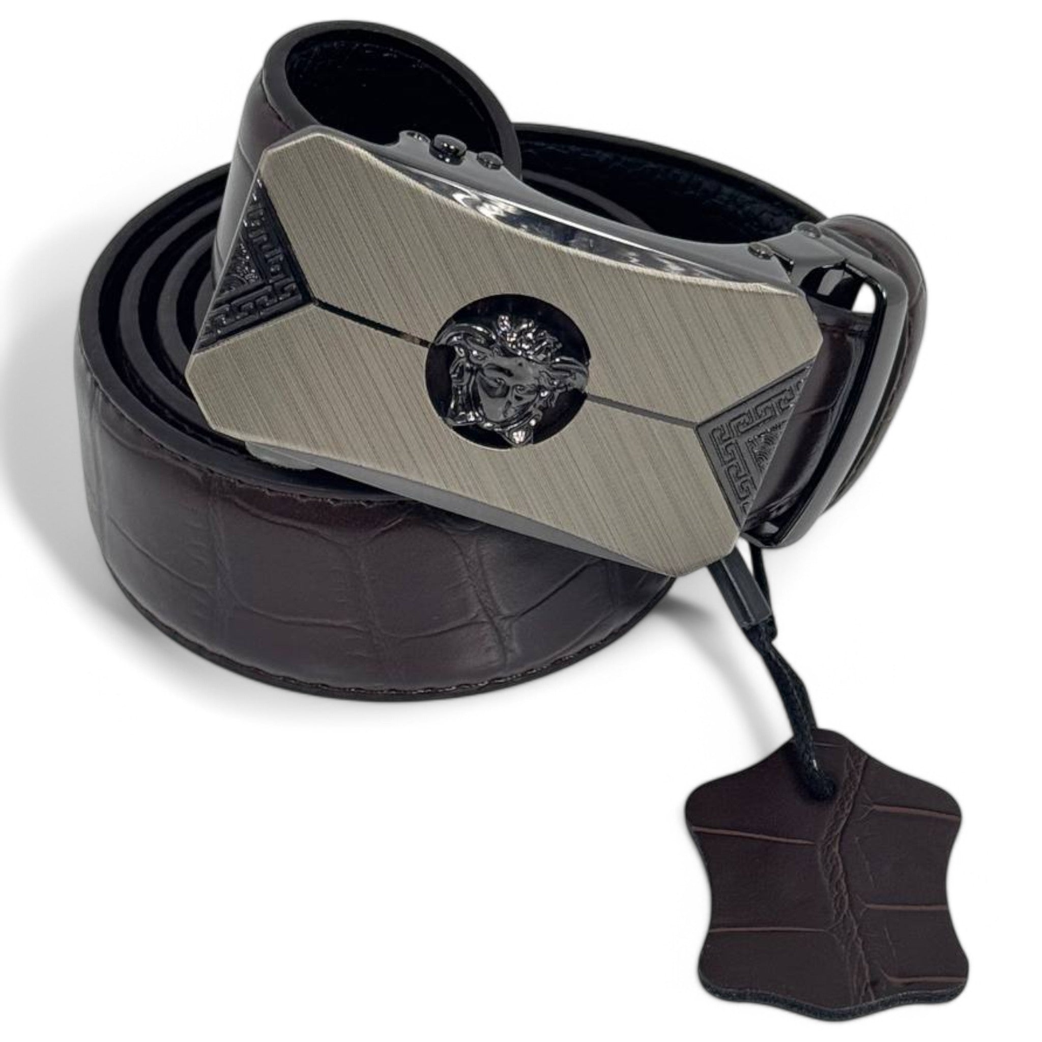 Brown Crocodile Leather Belt with Medusa Head Buckle