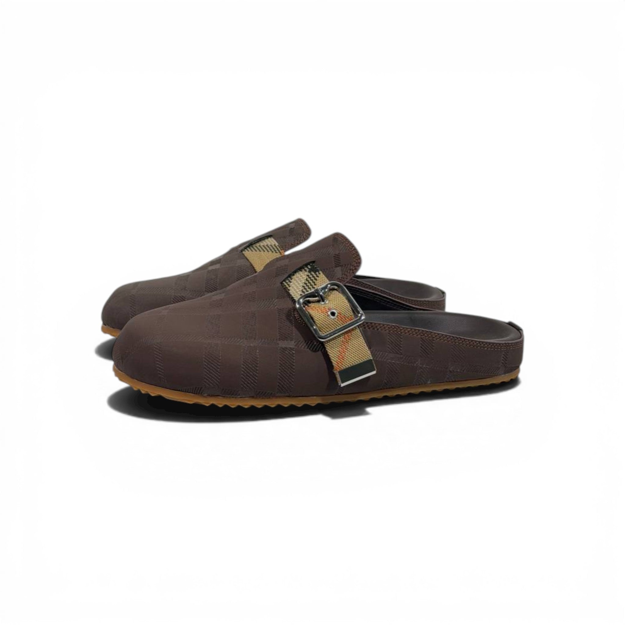 Burberry Brown Check Slip-On Clogs with Buckle – Classic Luxury Slides 🤎✨