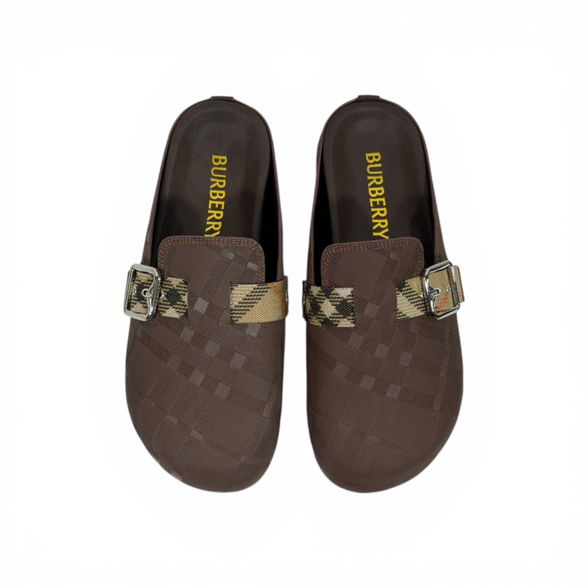 Burberry Brown Check Slip-On Clogs with Buckle – Classic Luxury Slides 🤎✨