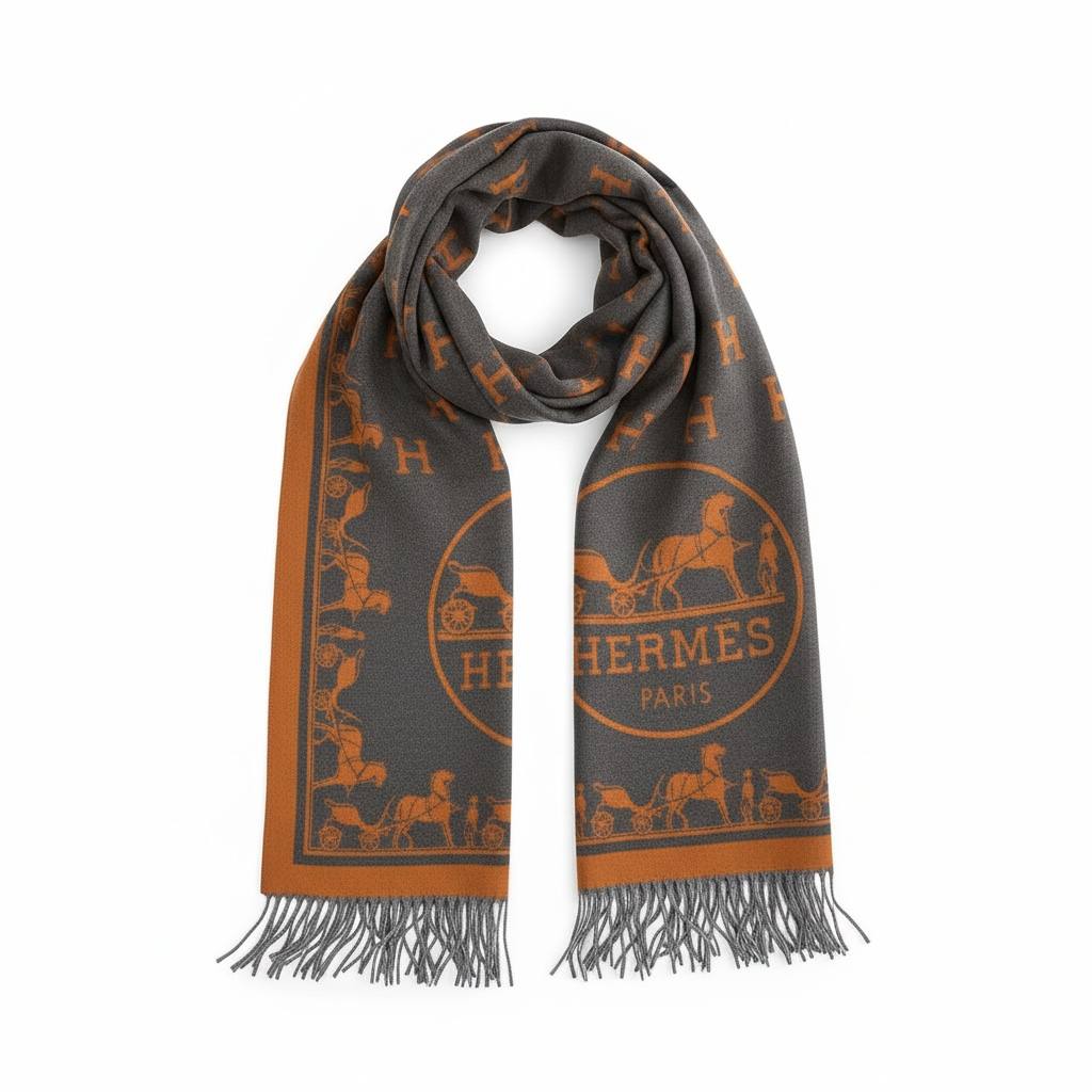 🧣 Hermès Paris Signature Scarf – Grey & Orange Luxury Statement ✨