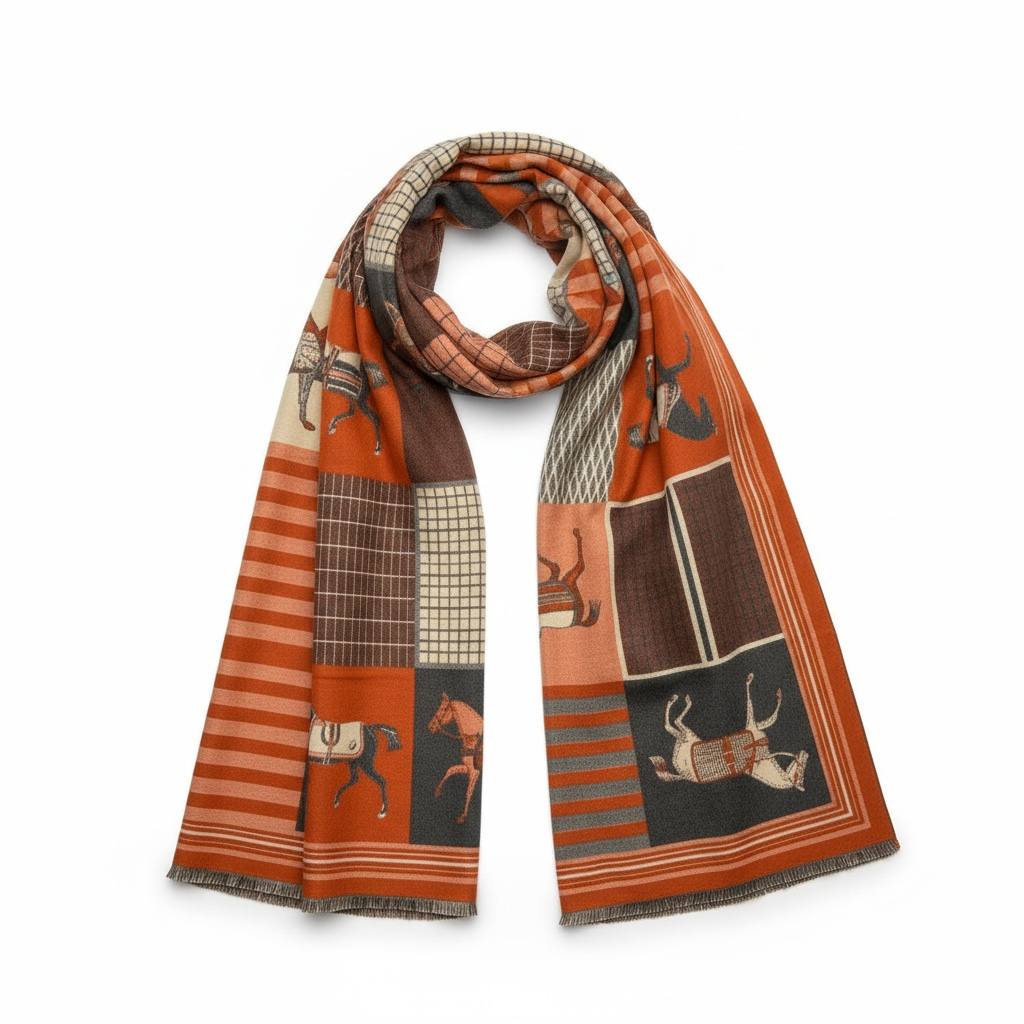 🧣 Hermès Equestrian Patchwork Scarf – Luxury Statement Piece 🤎🐎
