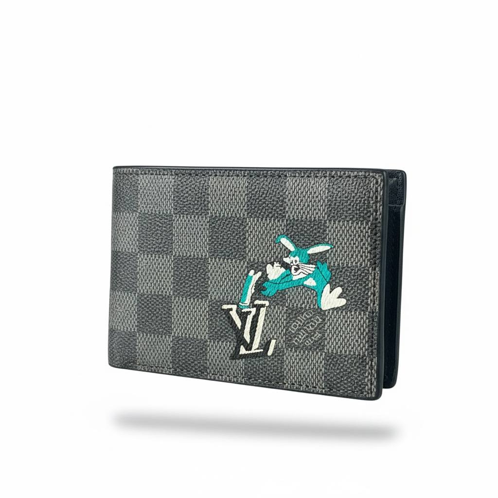 Louis Vuitton-Inspired Damier Wallet with Cartoon Graphic – Street Edition 🐰🖤
