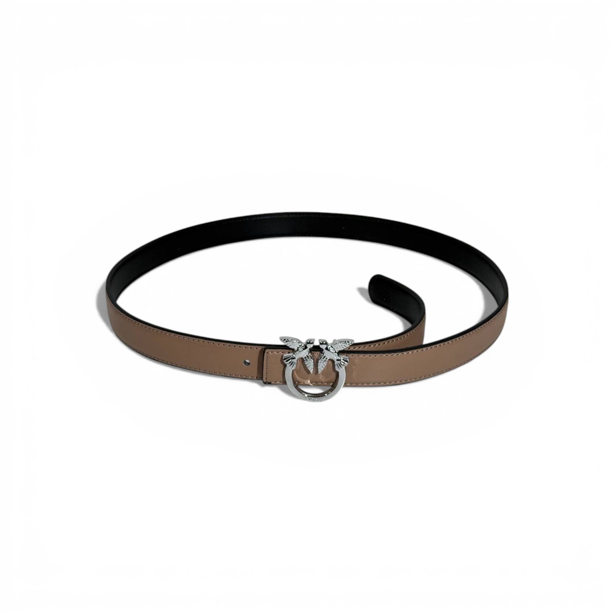 Pinko Love Birds Leather Belt 105cm – Taupe with Black Buckle 🖤🤎✨
