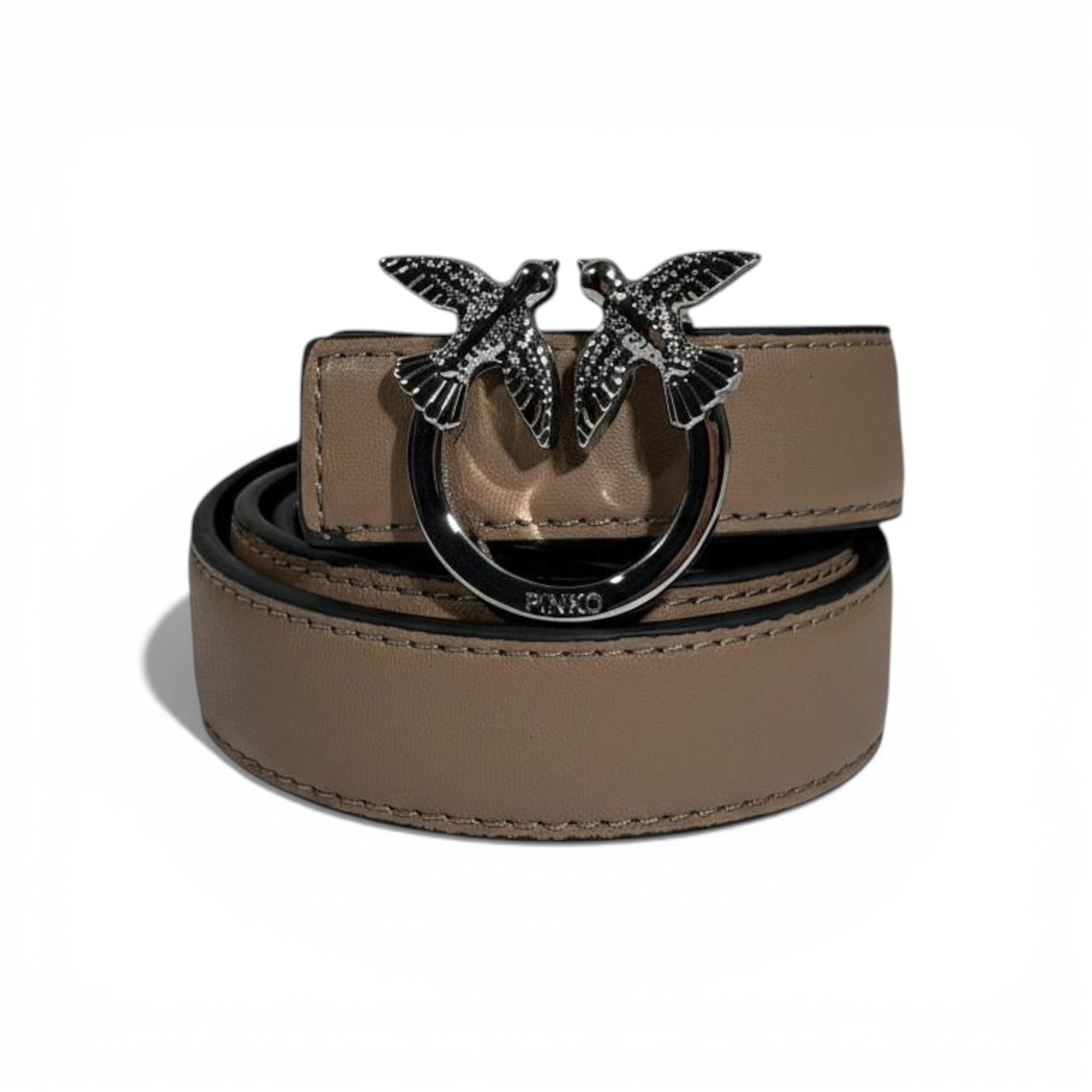 Pinko Love Birds Leather Belt 105cm – Taupe with Black Buckle 🖤🤎✨