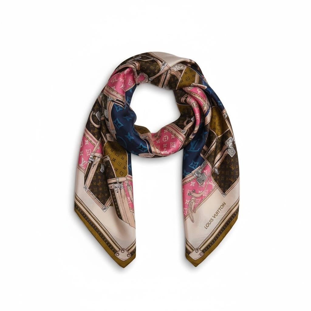 🧳✨ Louis Vuitton Iconic Trunk Print Silk Scarf Multicolor 🤎💗💙