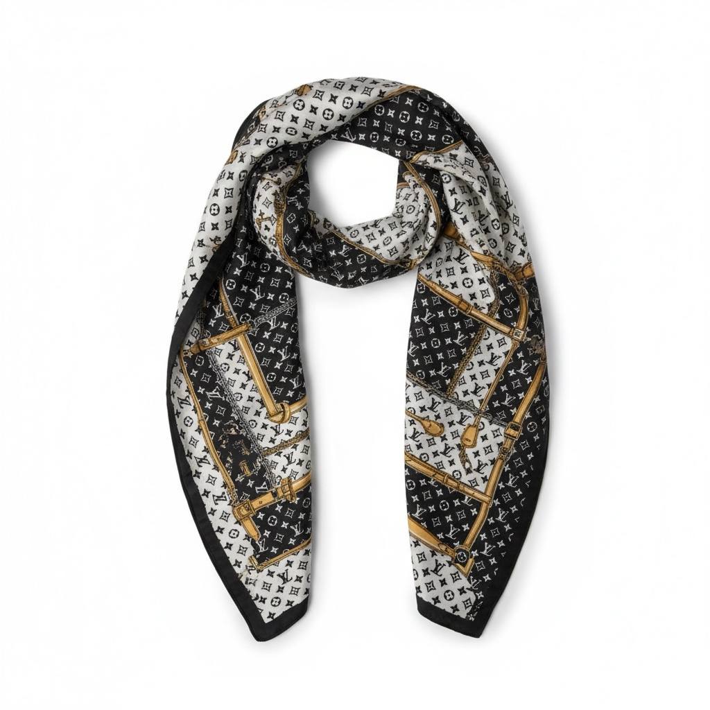 🖤✨ Louis Vuitton Monogram Chain Print Silk Scarf Black White Gold 🤍💛