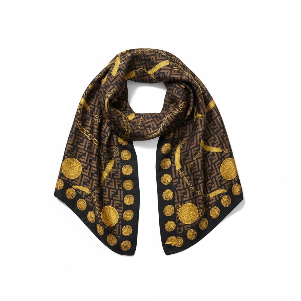 🤎✨ Fendi FF Monogram Silk Scarf Brown Black Gold 🪙💛