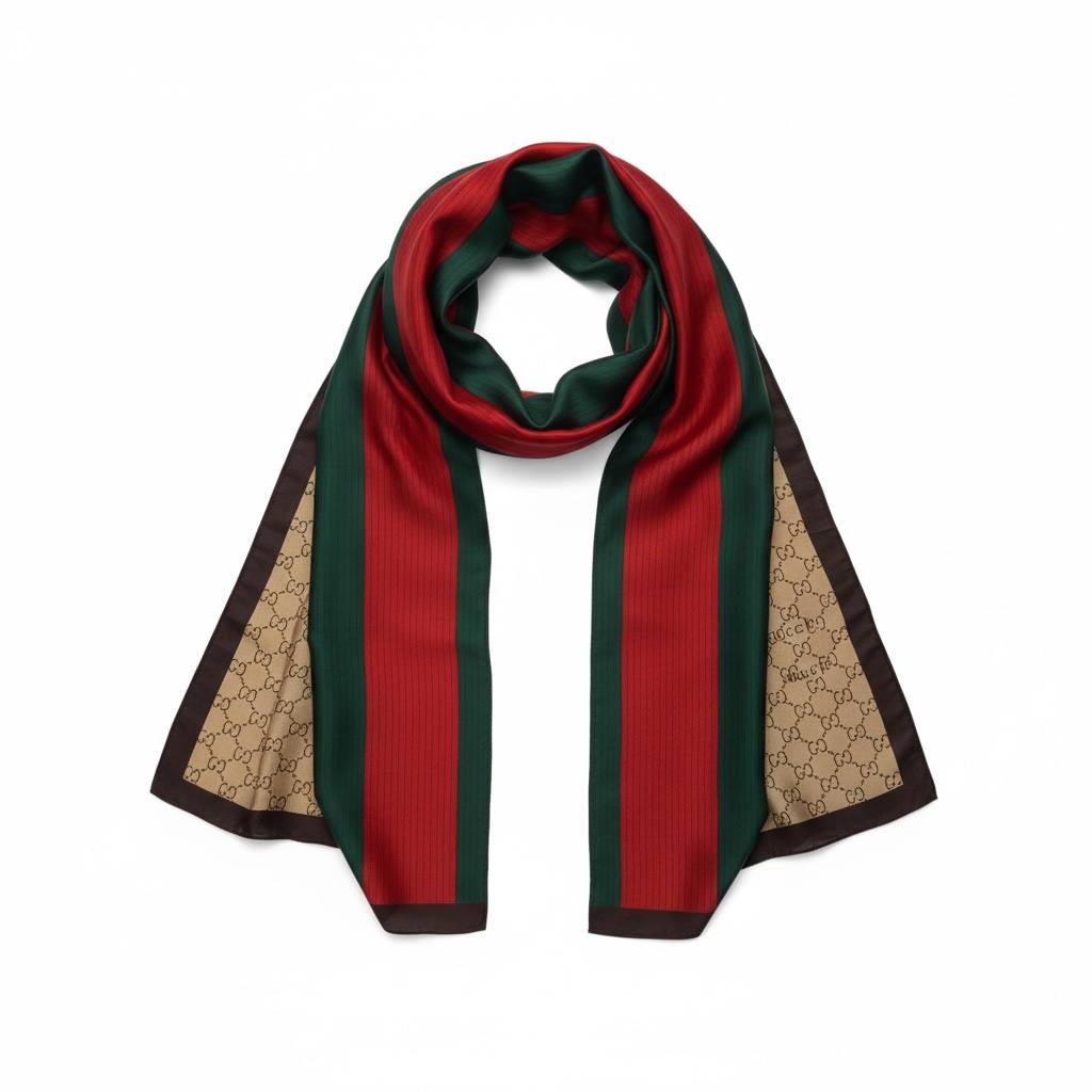 🤎✨ Gucci GG Monogram Silk Scarf Green Red Stripe Classic Design 🧣❤️💚