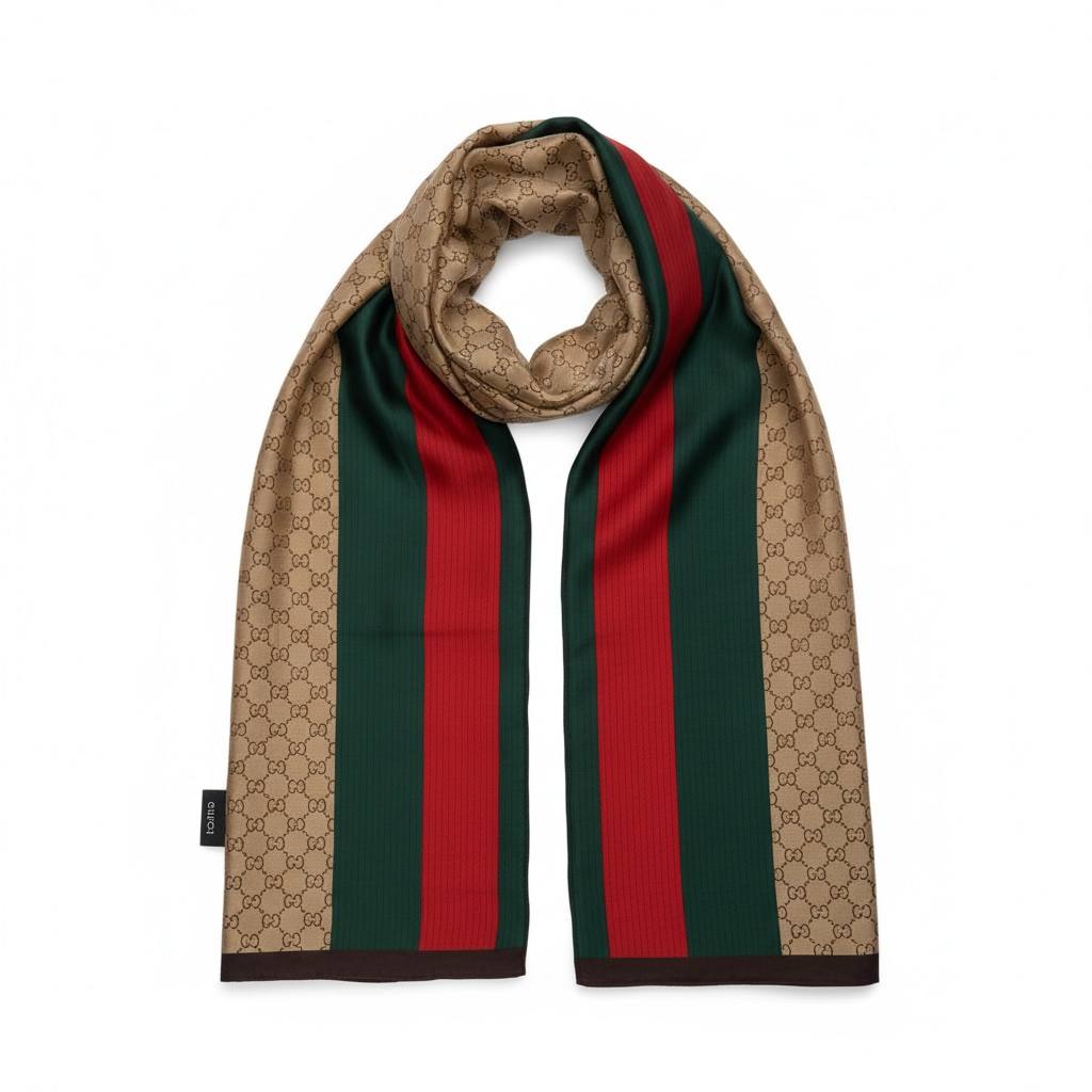 🤎✨ Gucci GG Monogram Silk Scarf Green Red Stripe Classic Design 🧣❤️💚