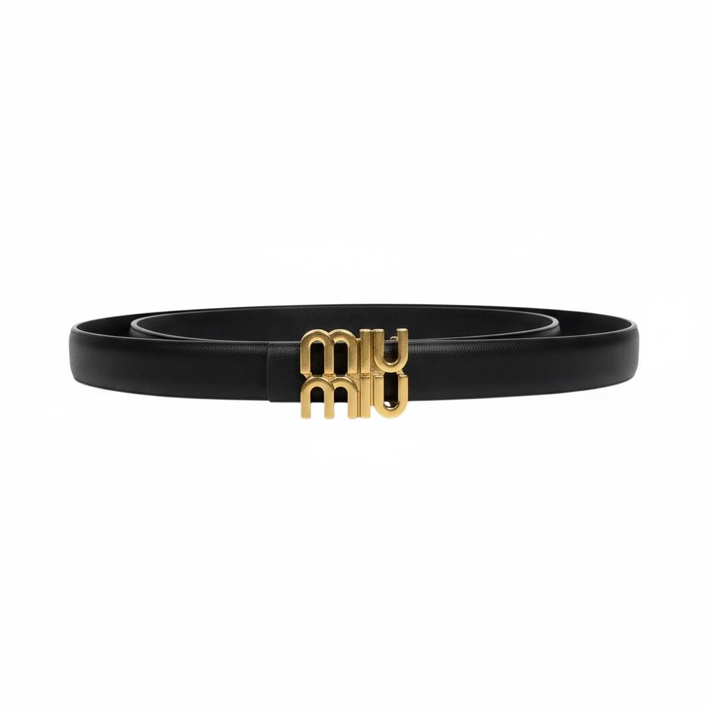 Miu Miu Black Leather Belt with Gold Logo Buckle 🖤✨👑-115cm