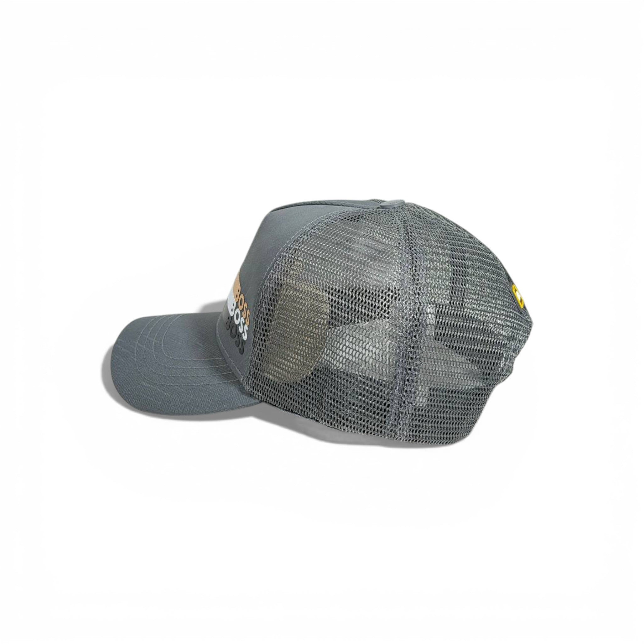 🧢 BOSS Grey Trucker Cap with Triple Logo Stripe ✨