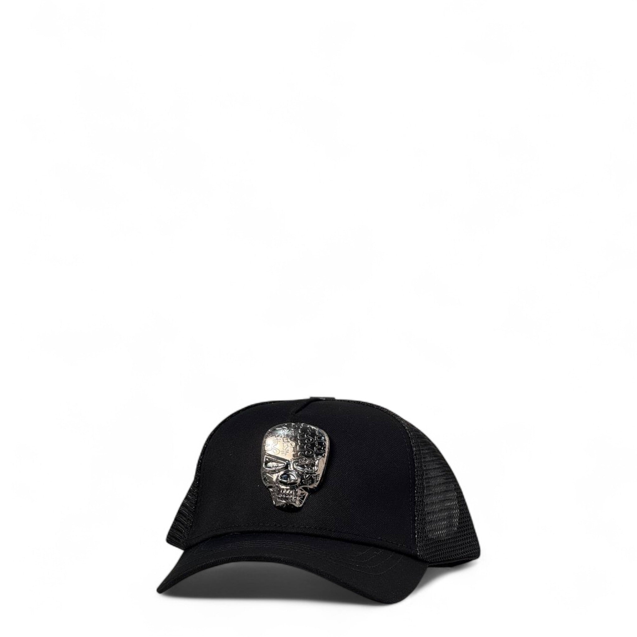 💀 Philipp Plein Skull Cap – All Black Trucker with Chrome Skull Emblem 🧢