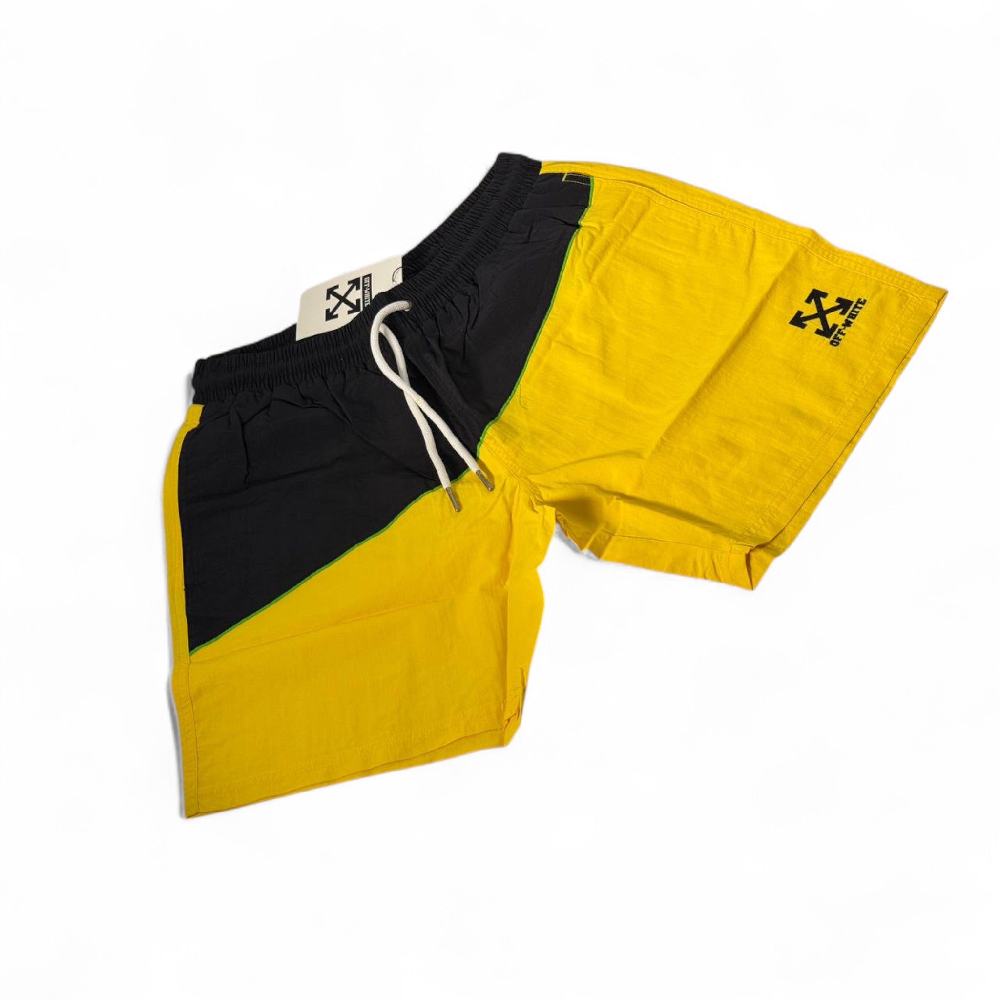 ⚡ Off-White™ Yellow & Black Colorblock Swim Shorts – Streetwear Meets Swimwear