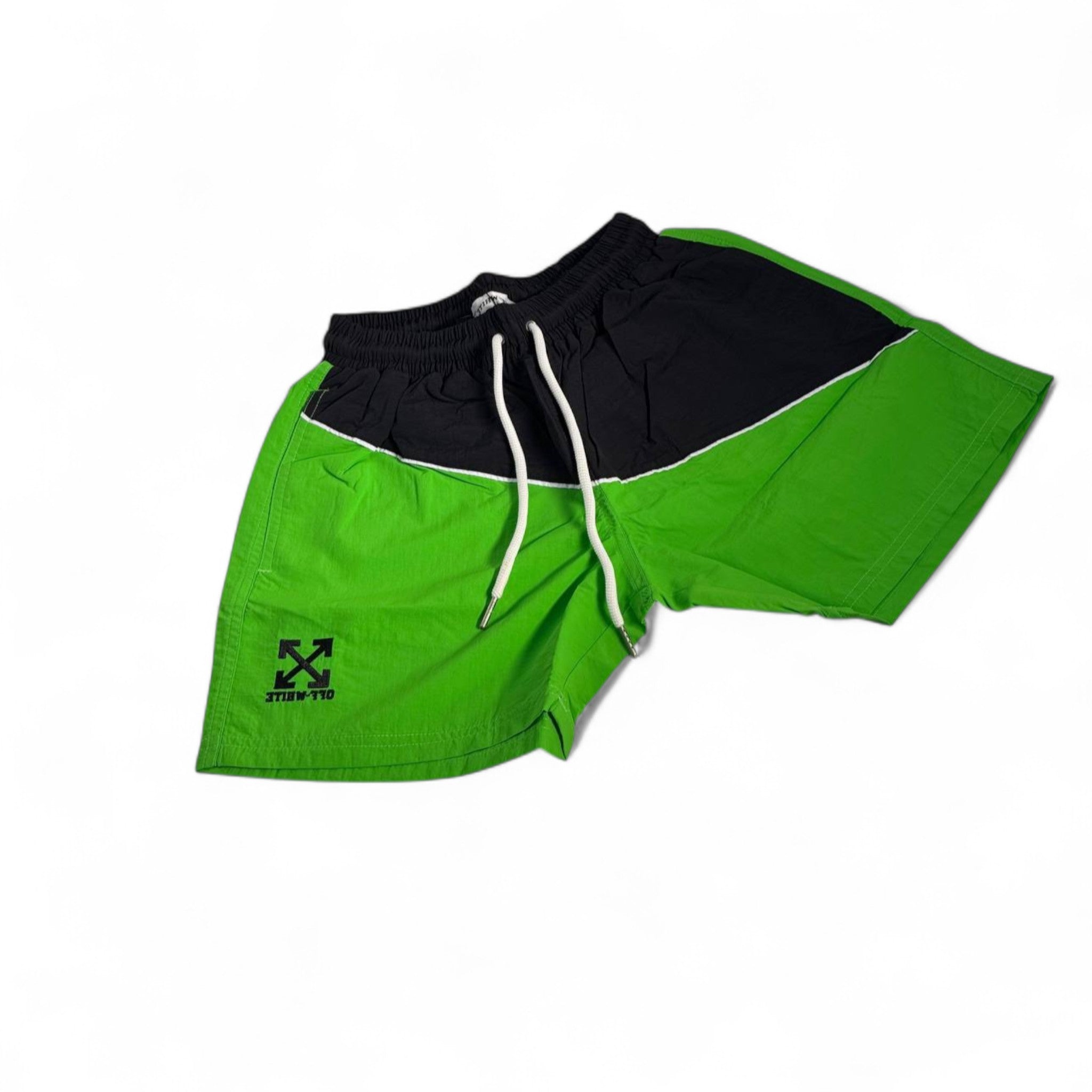🟢 Off-White Green & Black Panel Swim Shorts – Streetwear Splash