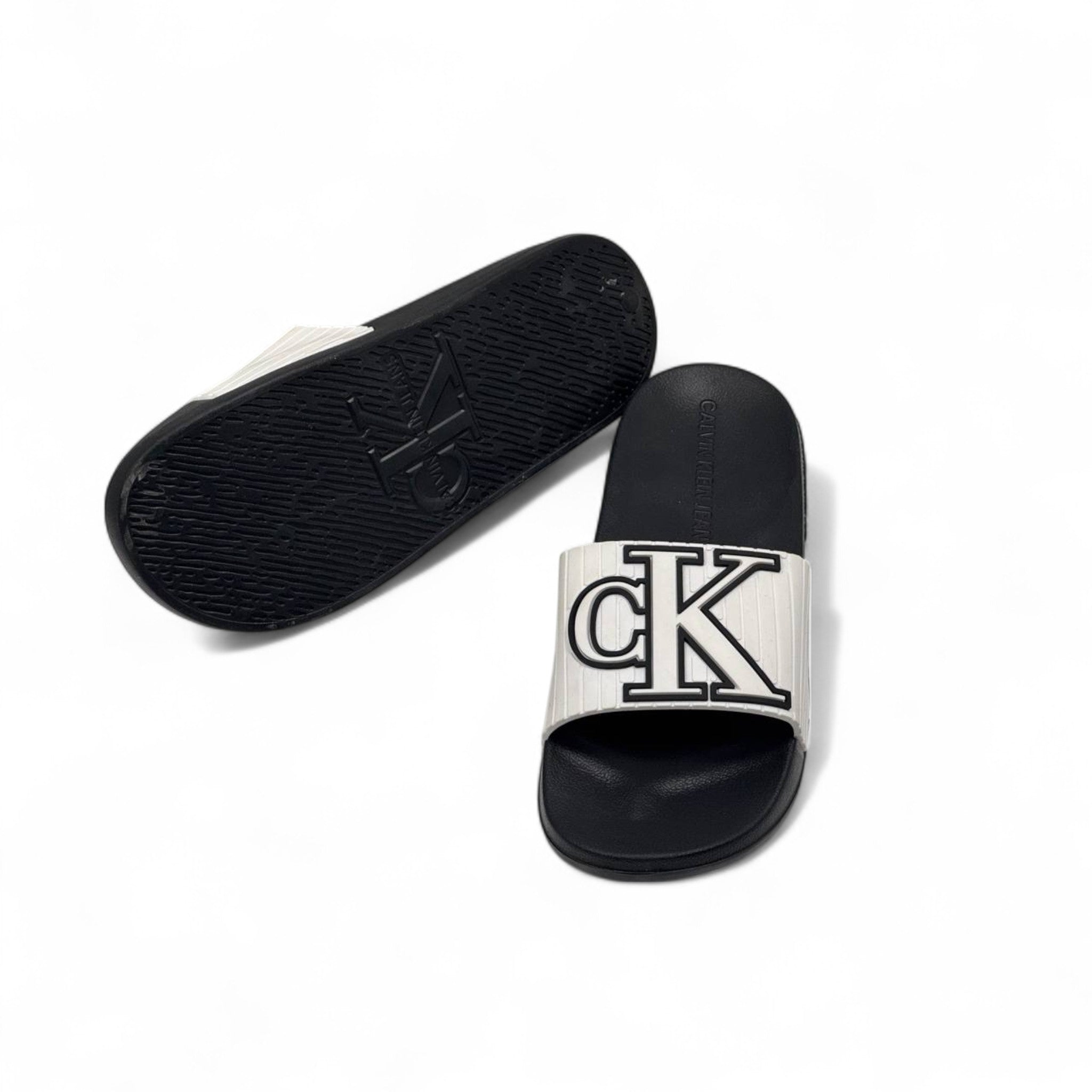 Calvin Klein Jeans Embossed CK Slides – Ivory & Black 🤍🖤