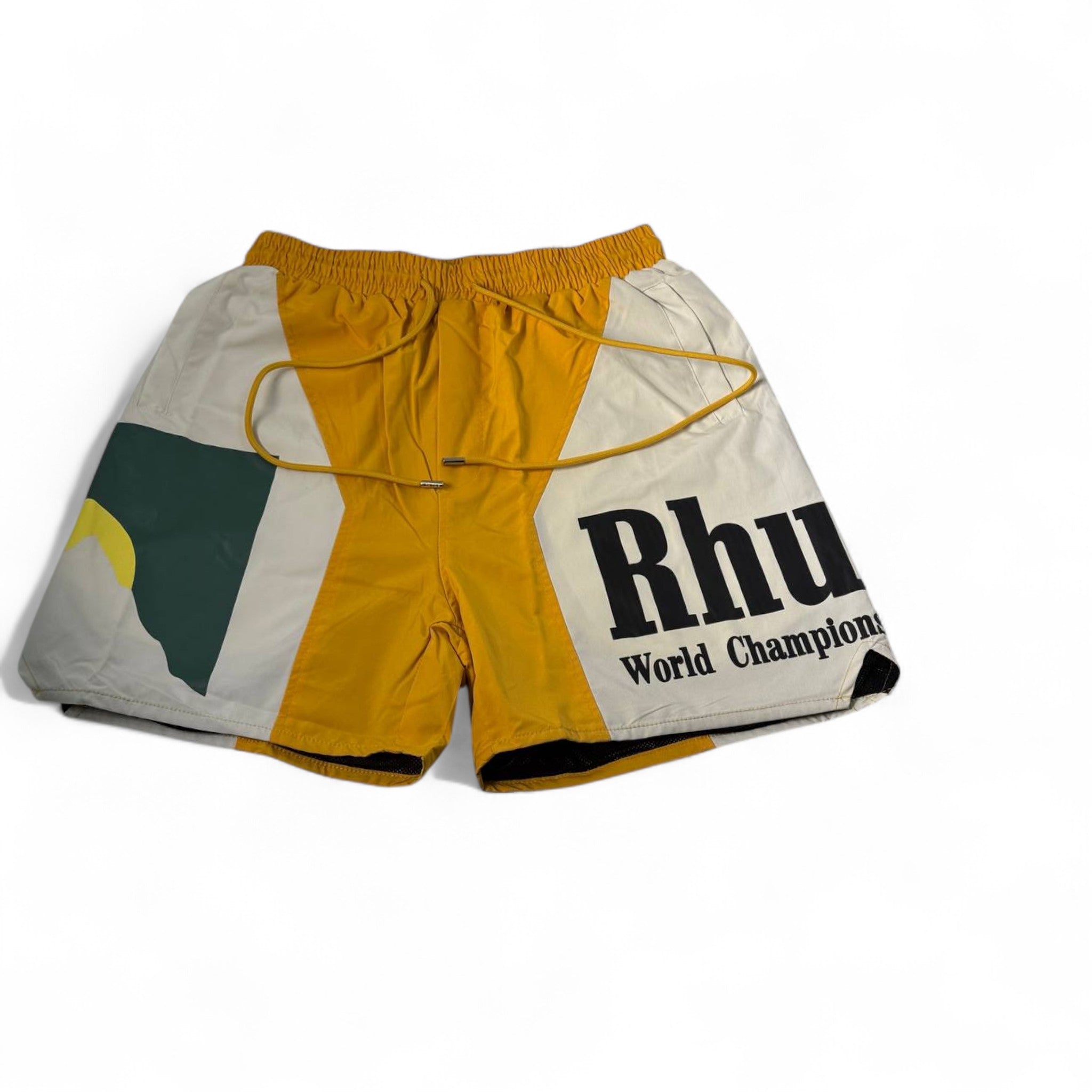 🏁 Rhude “World Champion” Colorblock Swim Shorts – Bold Yellow Style 🩳🔥