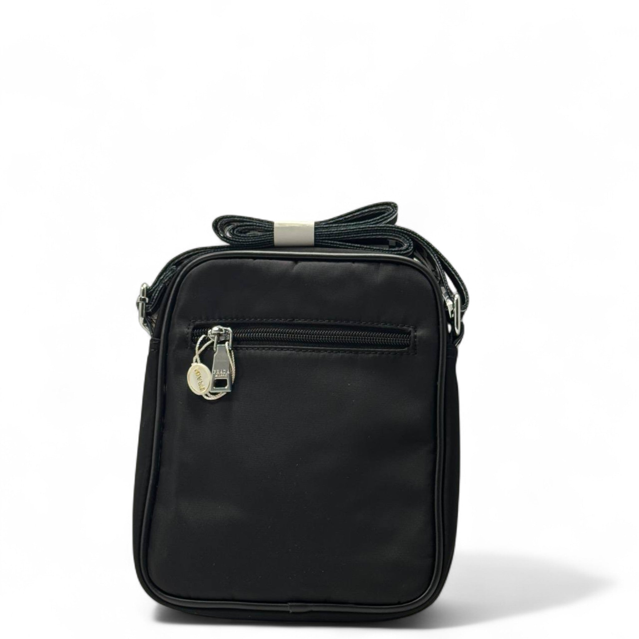 🖤 PRADA Vertical Crossbody Bag – Black with White Monochrome Logo Stripe ⚪
