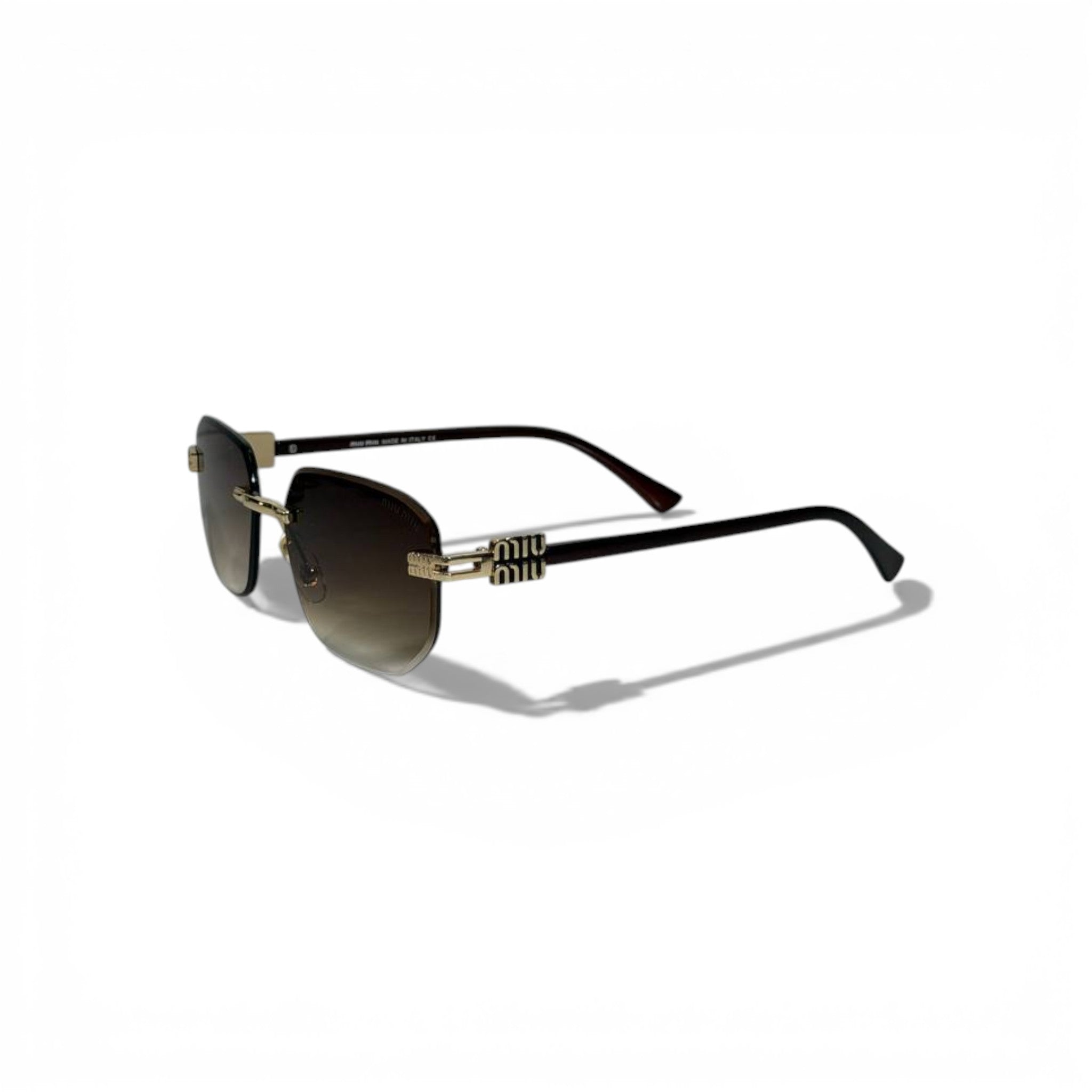 🕶️ Miu Miu Luxury Rimless Square Sunglasses – Gold Logo Temples | Iconic Designer Eyewear