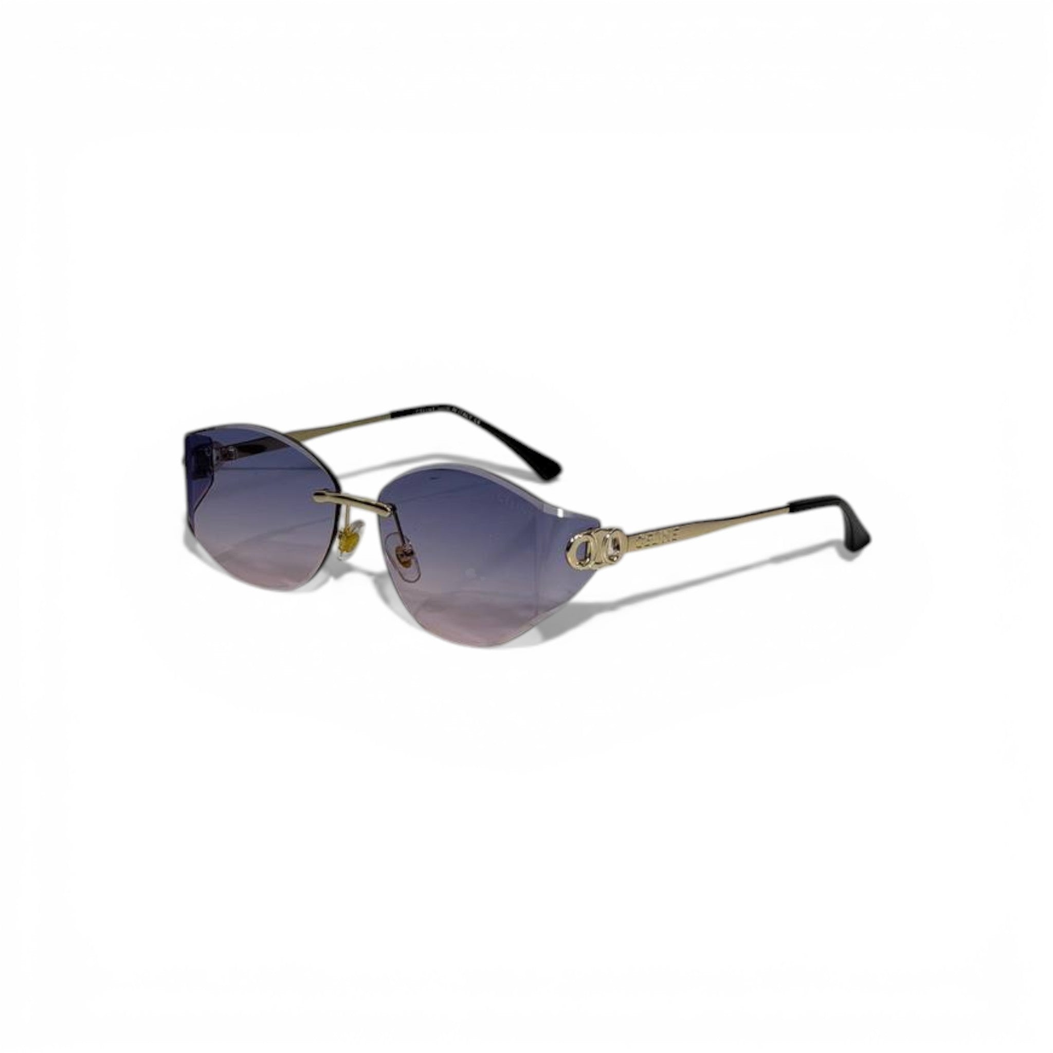 🕶️ Miu Miu Rimless Oval Sunglasses – Gradient Purple Lenses | Gold Logo Temples
