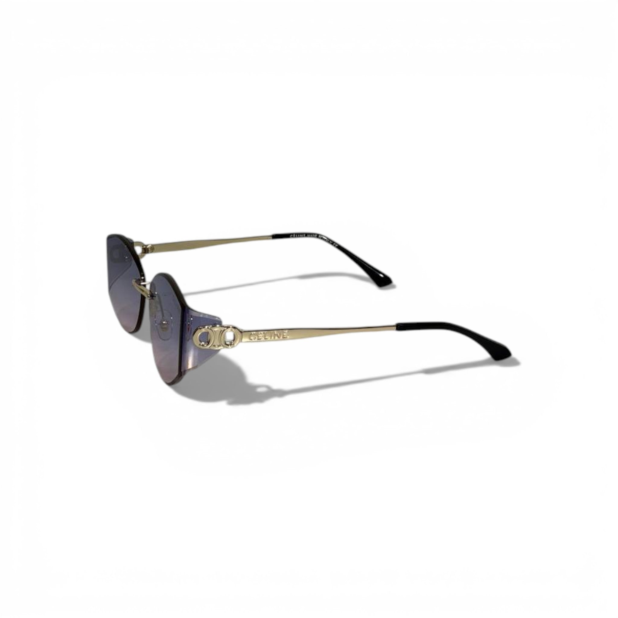 🕶️ Miu Miu Rimless Oval Sunglasses – Gradient Purple Lenses | Gold Logo Temples