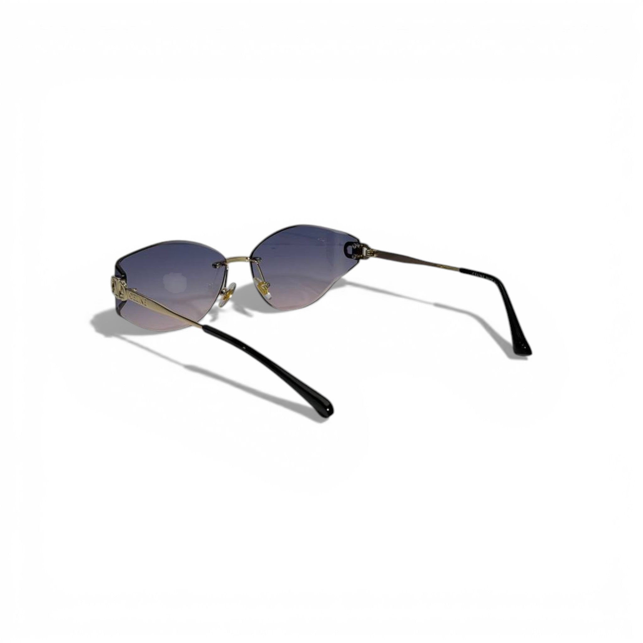 🕶️ Miu Miu Rimless Oval Sunglasses – Gradient Purple Lenses | Gold Logo Temples