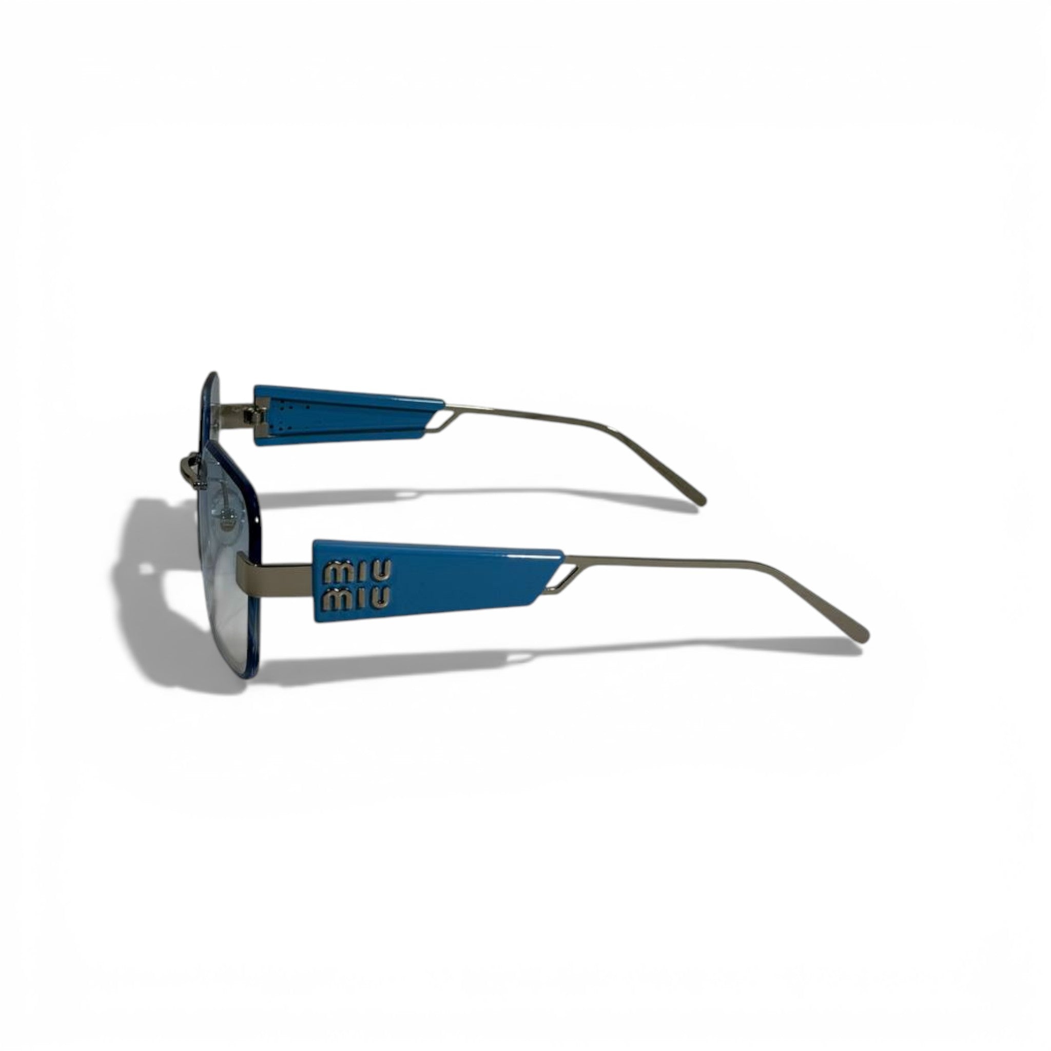 🕶️ Miu Miu Rimless Square Sunglasses – Blue Gradient Lenses | Bold MIU MIU Logo Temples
