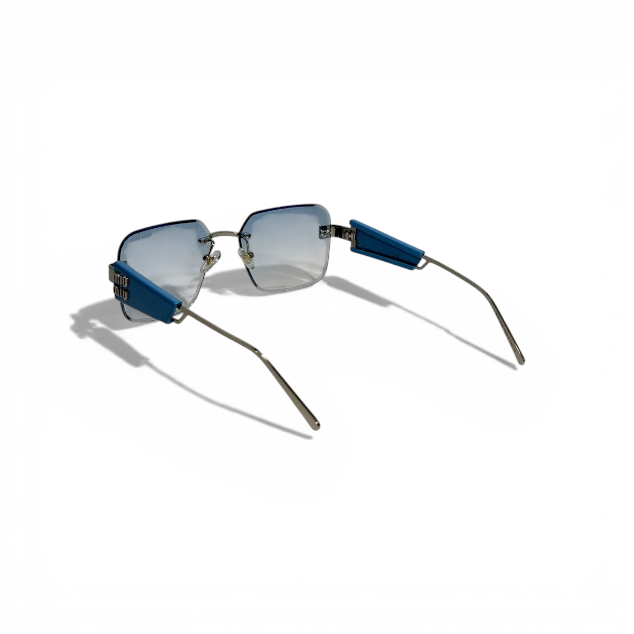 🕶️ Miu Miu Rimless Square Sunglasses – Blue Gradient Lenses | Bold MIU MIU Logo Temples