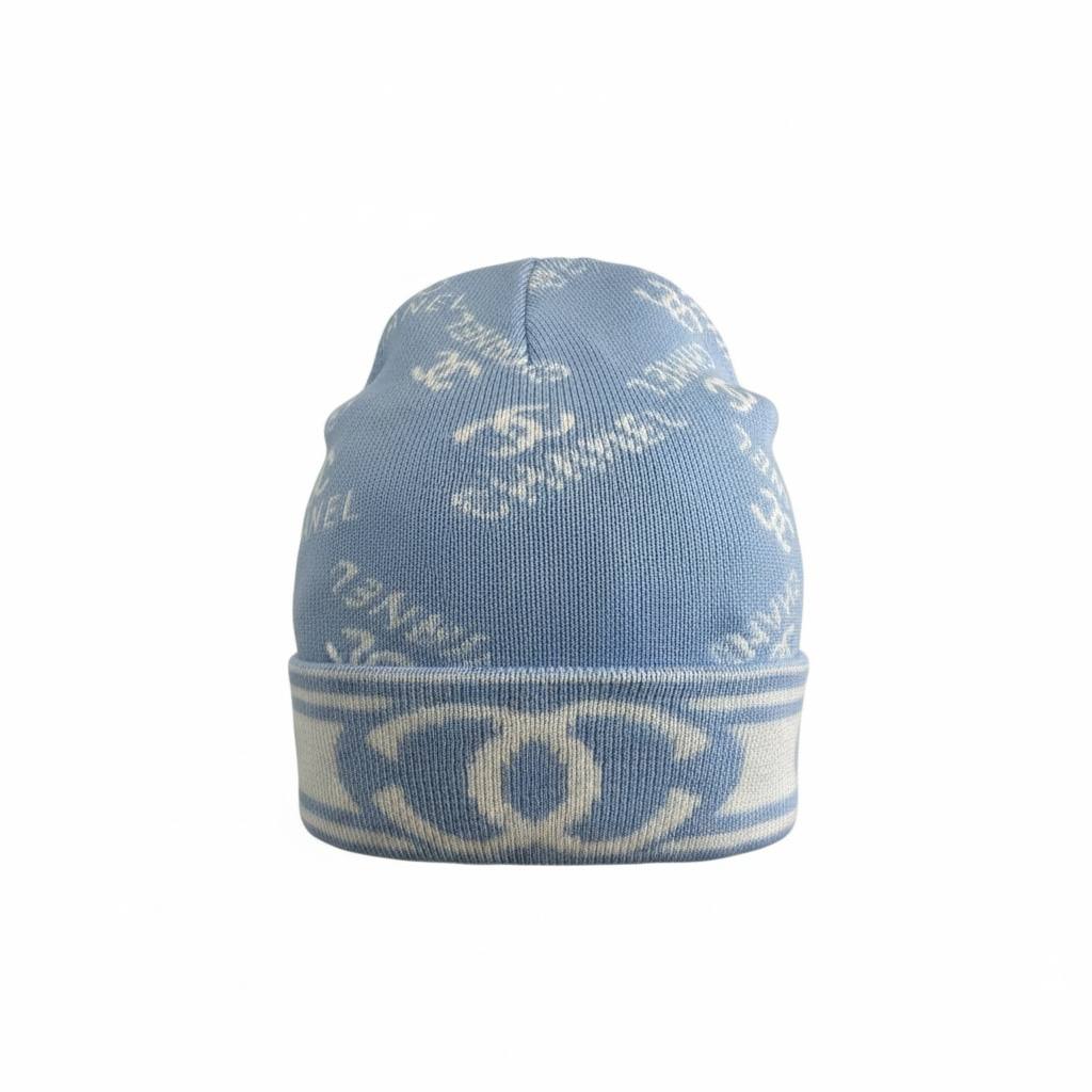 🧢 Chanel CC Knit Beanie – Elegant Winter Luxury in Blue 🤍💙❄️