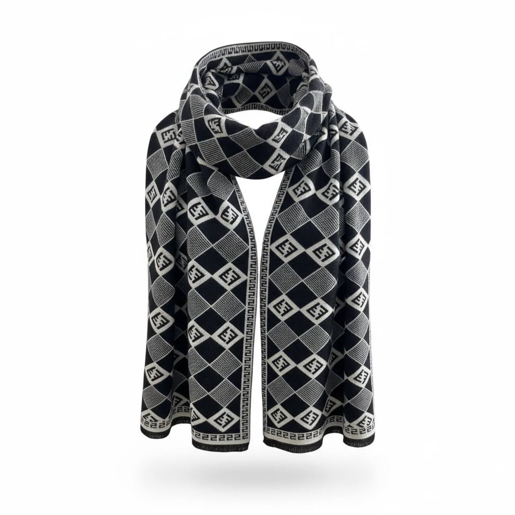 🧣 Fendi FF Monogram Luxury Winter Scarf – Black & Grey Elegance ✨