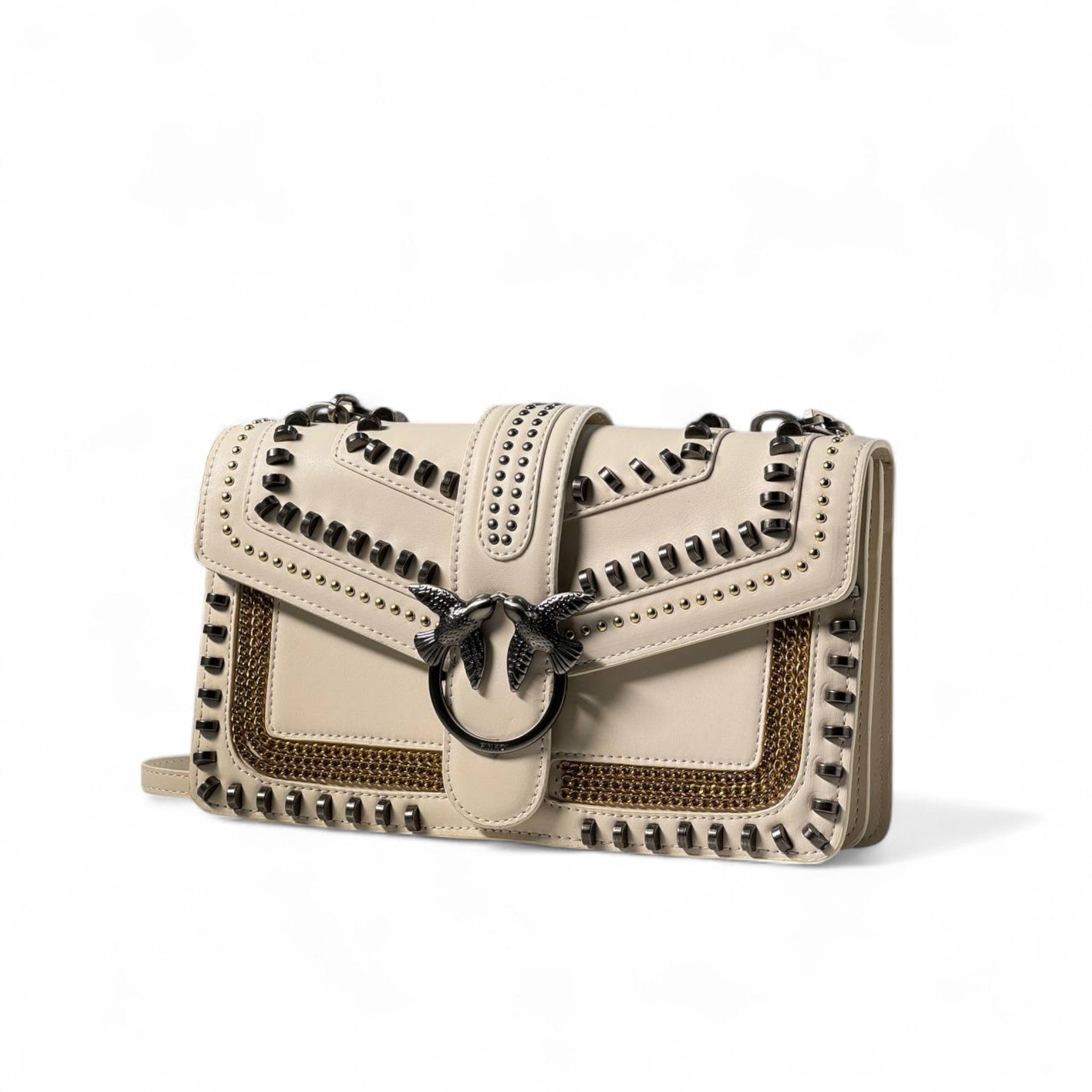 Pinko Love Studded Bag 🤍🖤 – Edgy Elegance with Gunmetal Glam