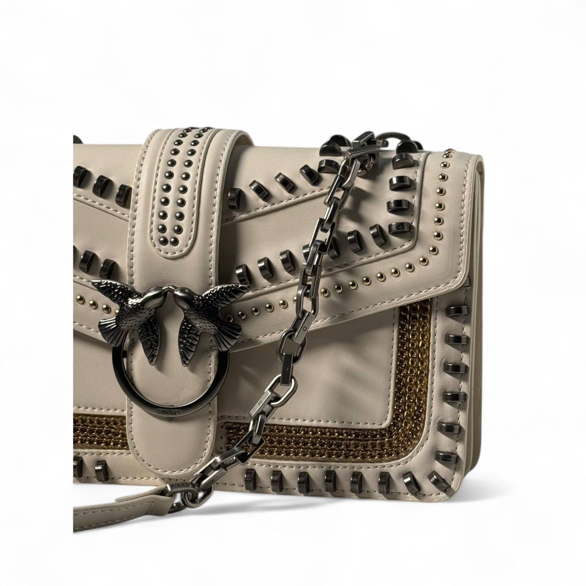 Pinko Love Studded Bag 🤍🖤 – Edgy Elegance with Gunmetal Glam